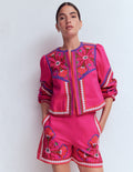 Embroidered Linen Shorts-Pink Peony, Embroidered