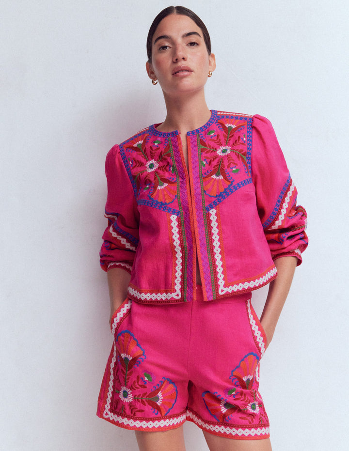 Embroidered Linen Shorts-Pink Peony, Embroidered