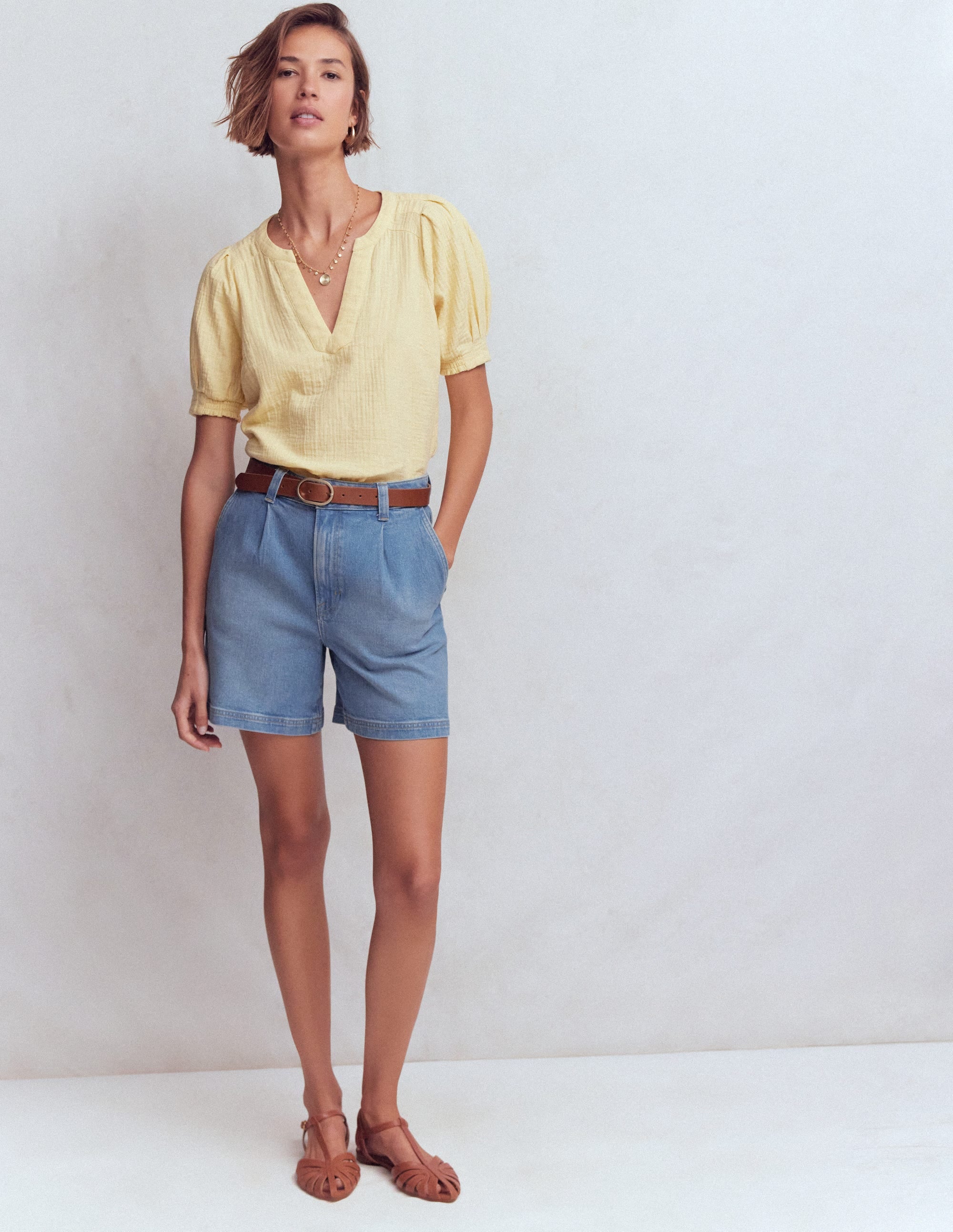 Pleat Front Denim Shorts-Light Vintage - Image 1