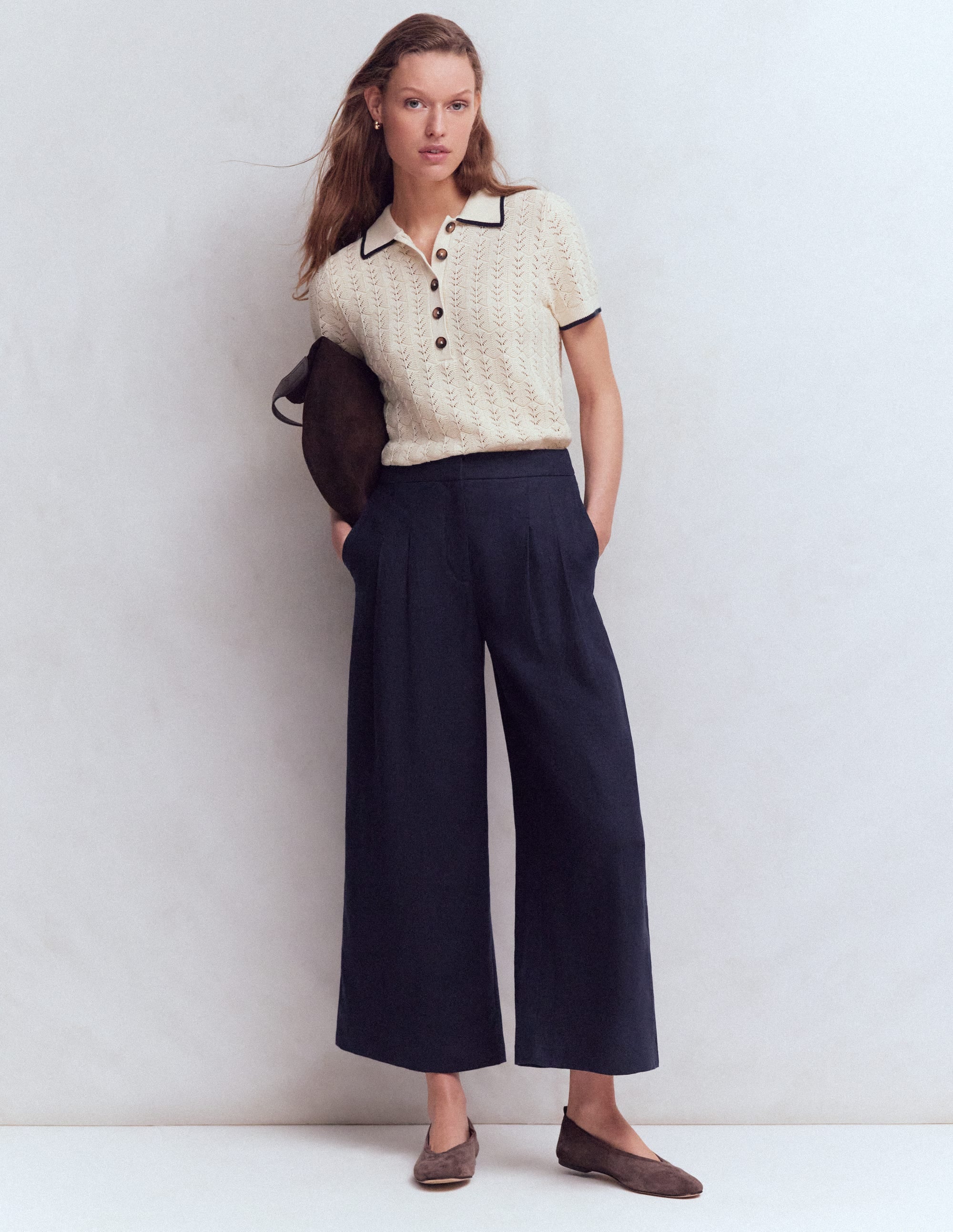 Pleated Linen Culotte-Navy - Image 1