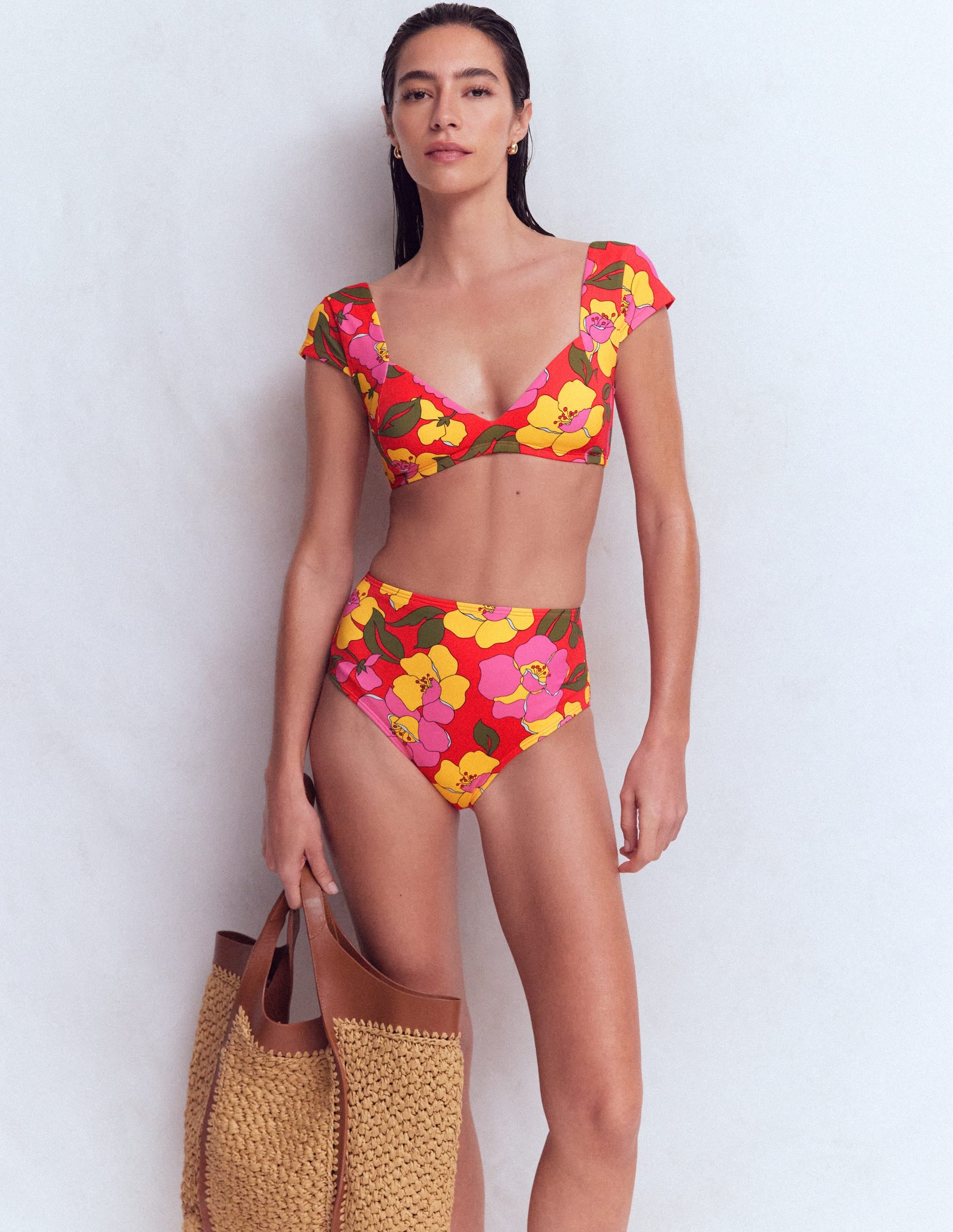 High Waisted Bikini Bottoms-Red, Radiant Bloom - Image 2