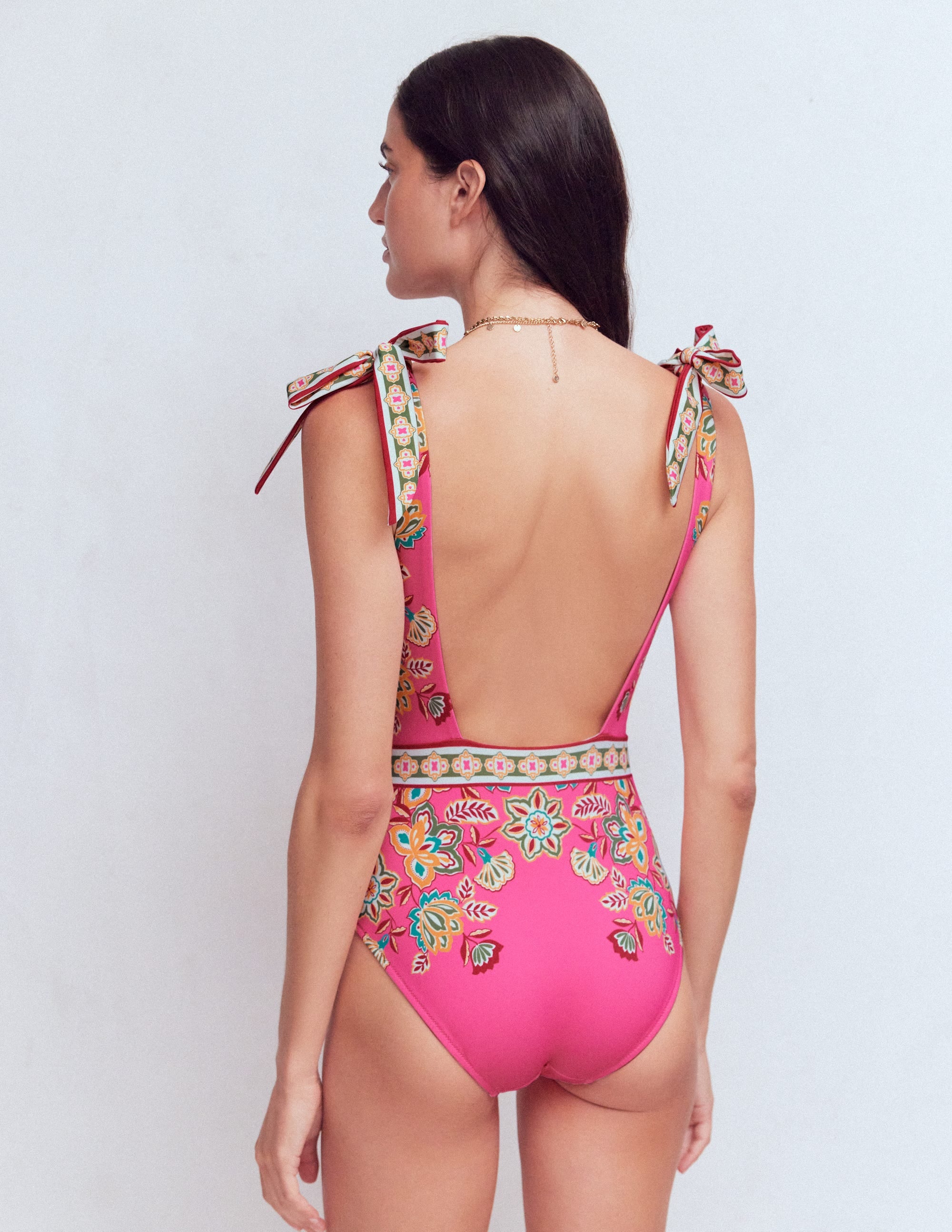 Bow Tie Shoulder Swimsuit-Sangria Sunset, Blossom - Image 3