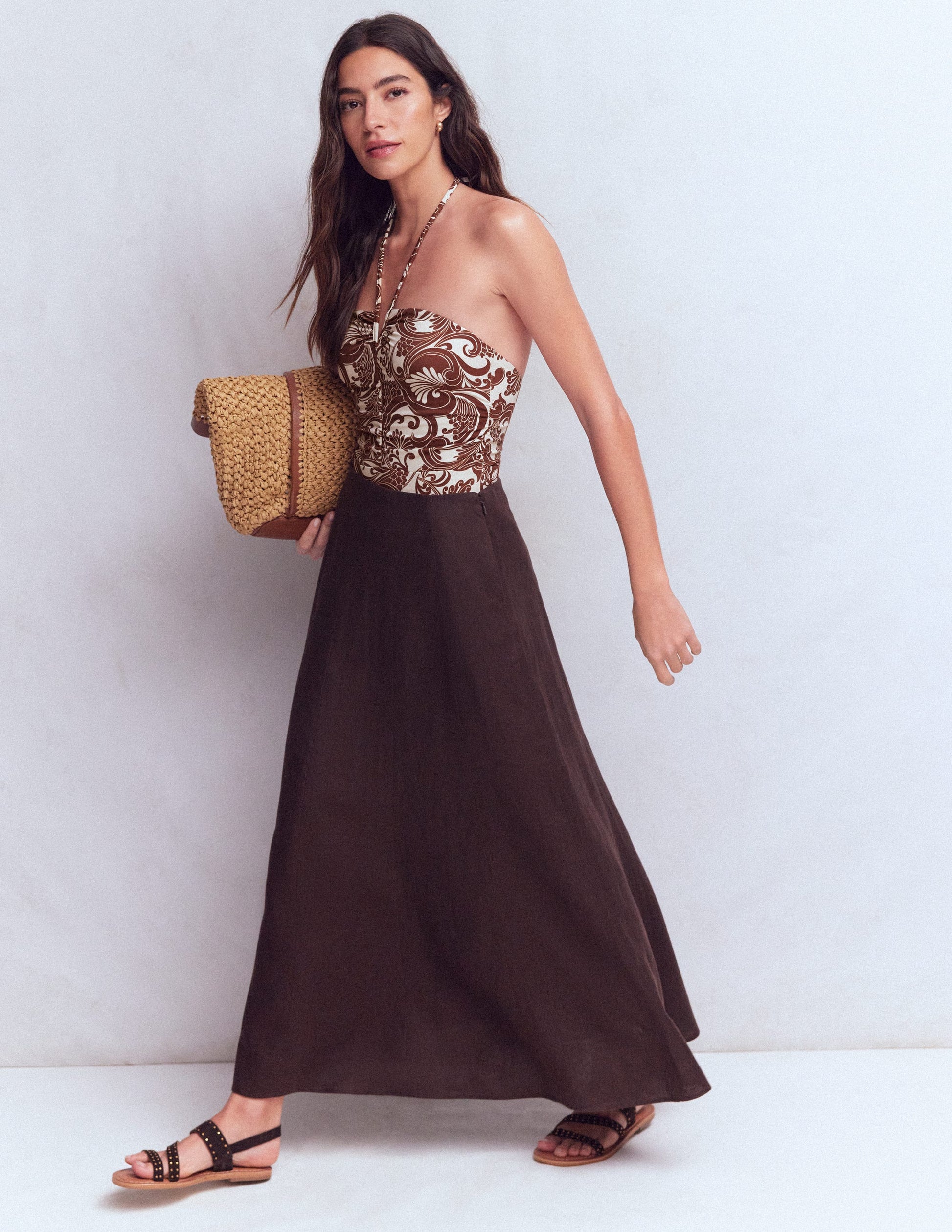 brown string dress Summertime String-Tie Halterneck Puff Sleeve Mini Dress Mocha
