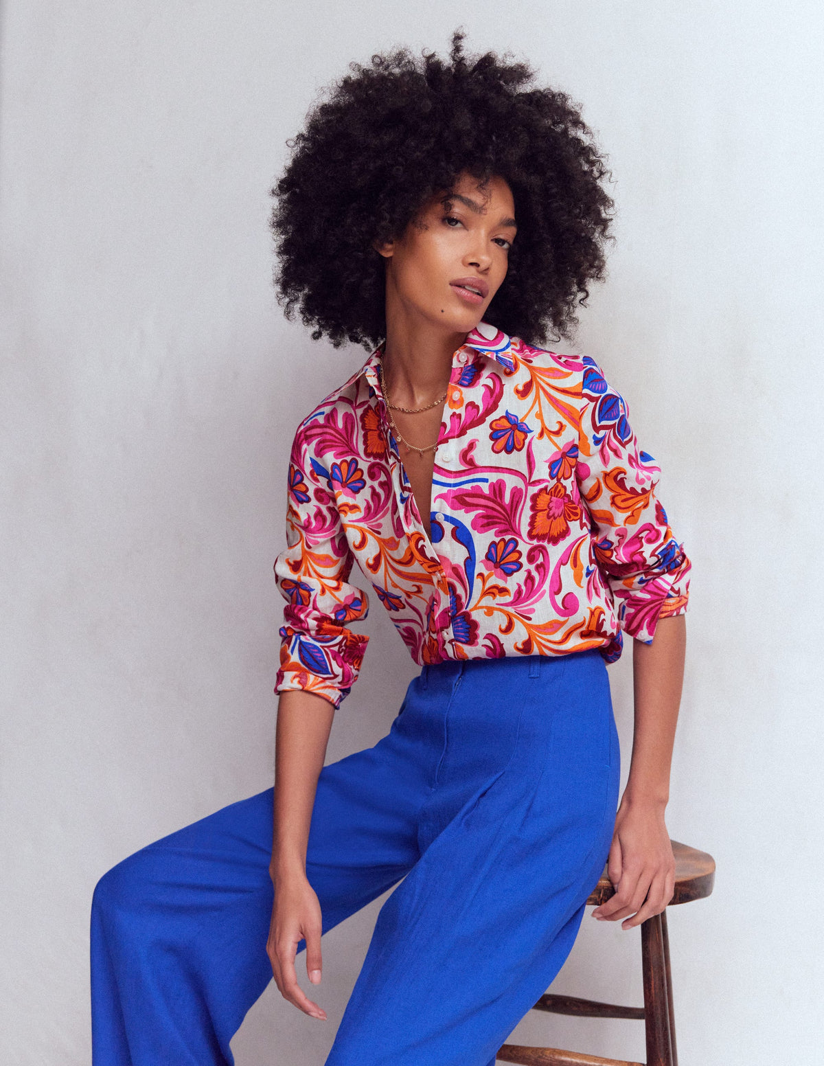 Sienna Linen Shirt-Pink Punch, Flourishing Meadow - Image 1