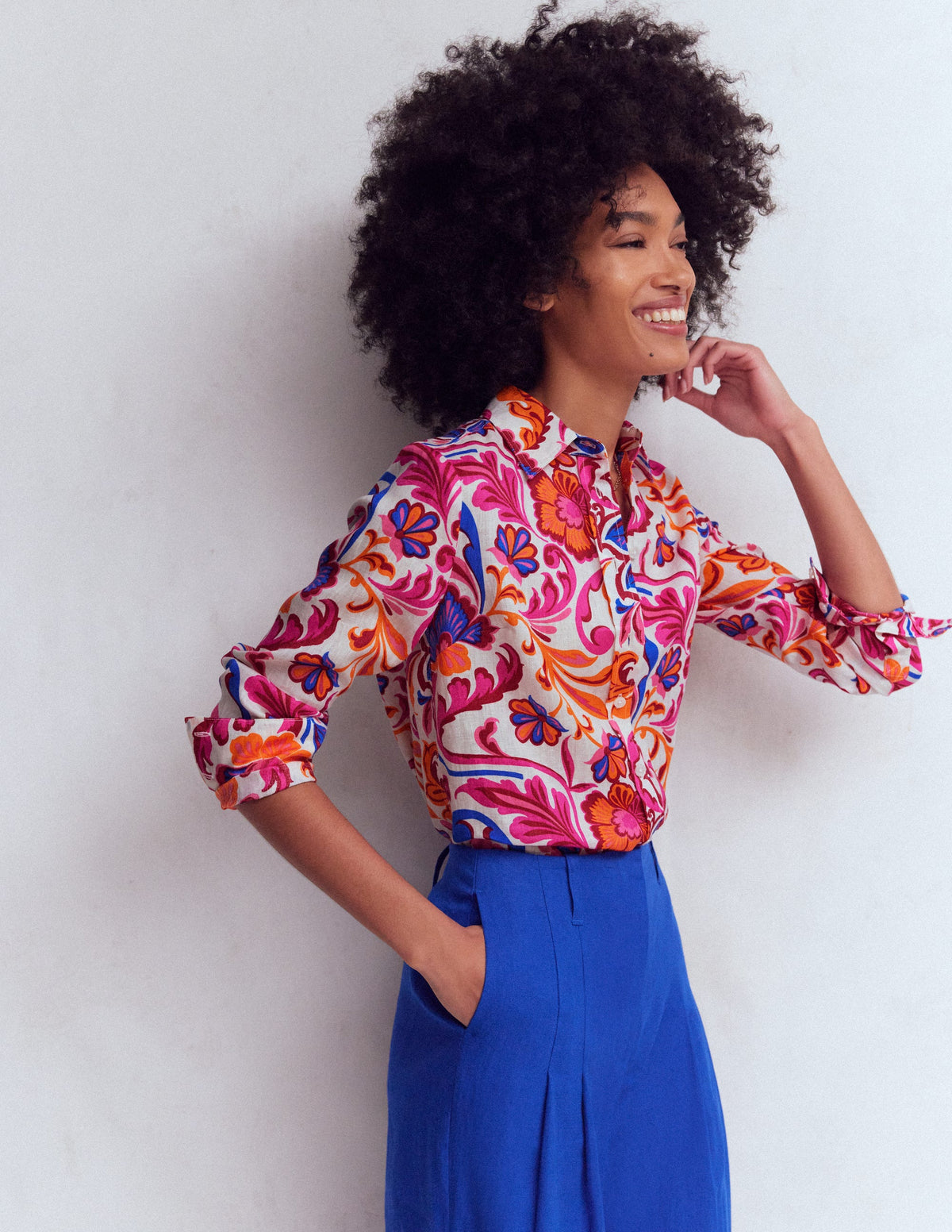 Sienna Linen Shirt-Pink Punch, Flourishing Meadow - Image 4