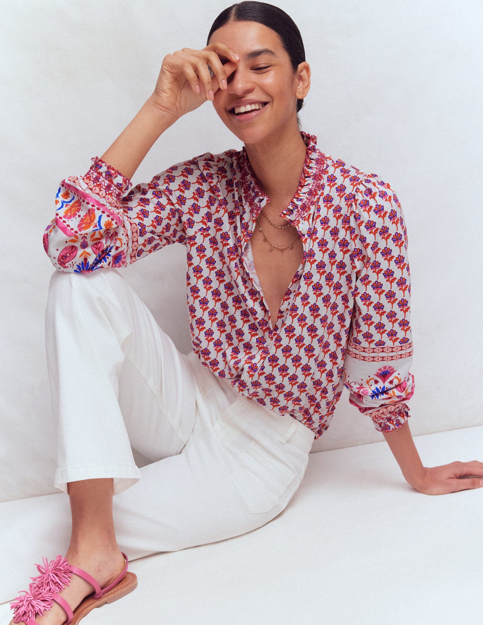 Effie Smocked Detail Shirt-Multi, Meadow Stamp Placement-1