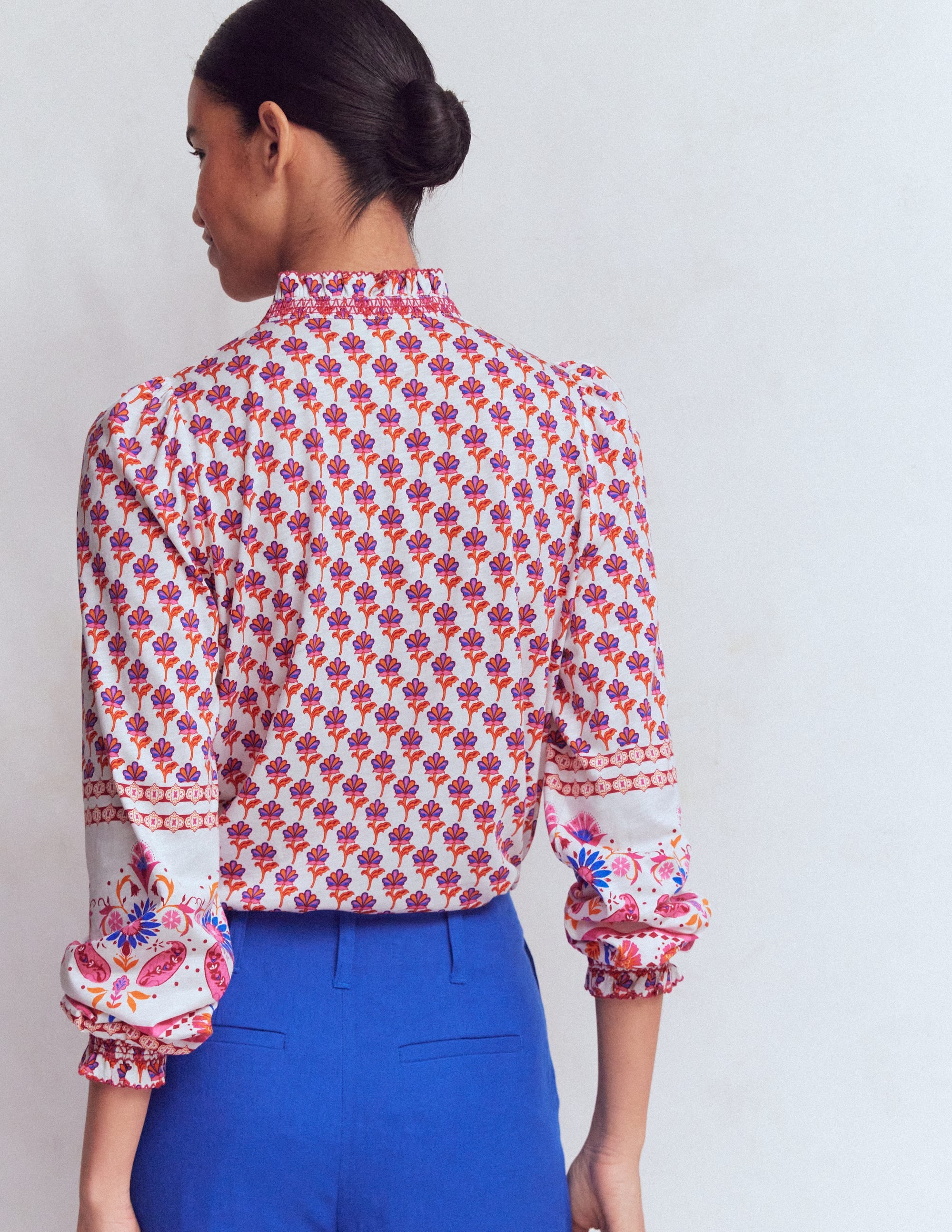 Effie Smocked Detail Shirt-Multi, Meadow Stamp Placement - Image 3