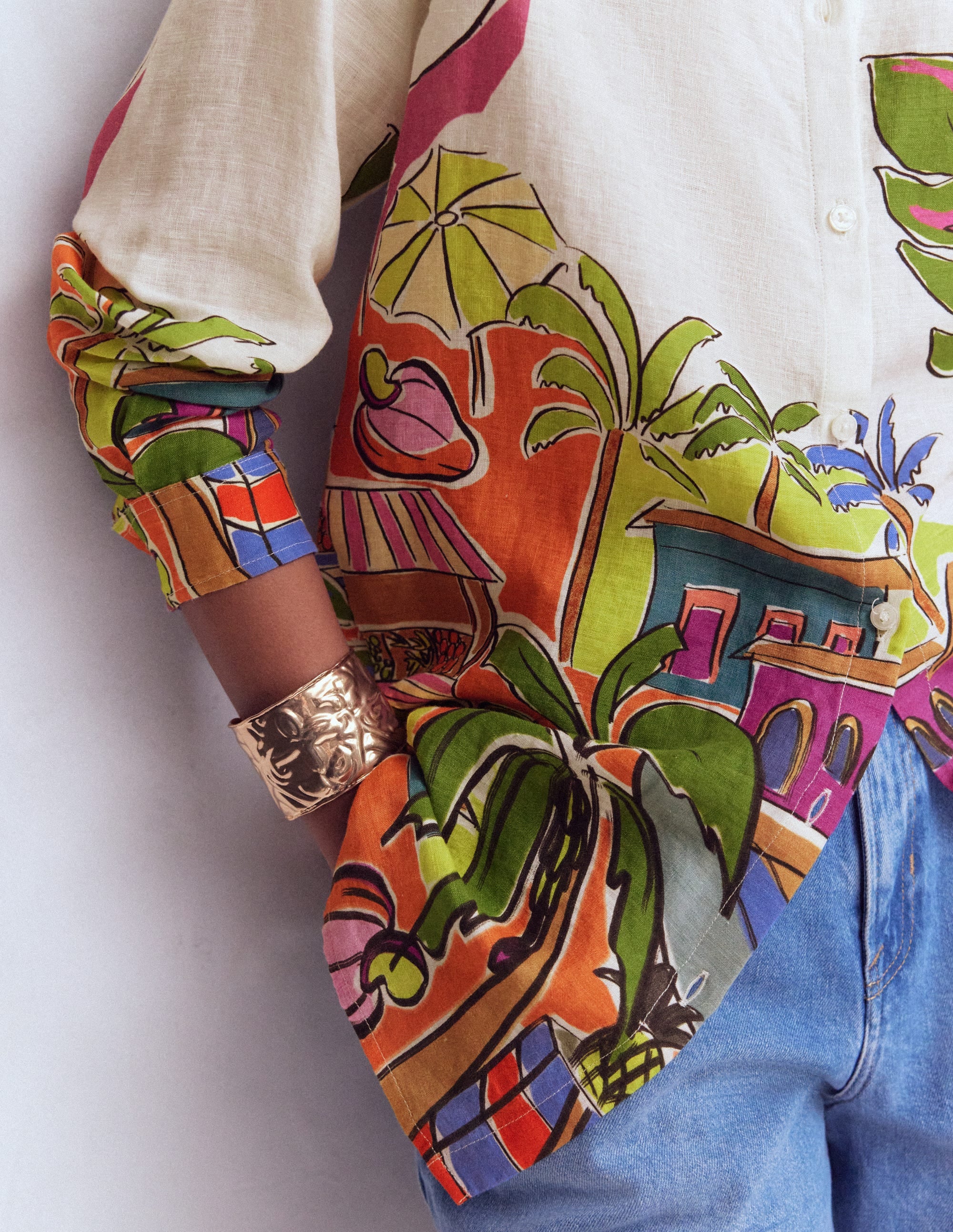 Longline Linen Shirt-Multi, Tropical Village - Image 2