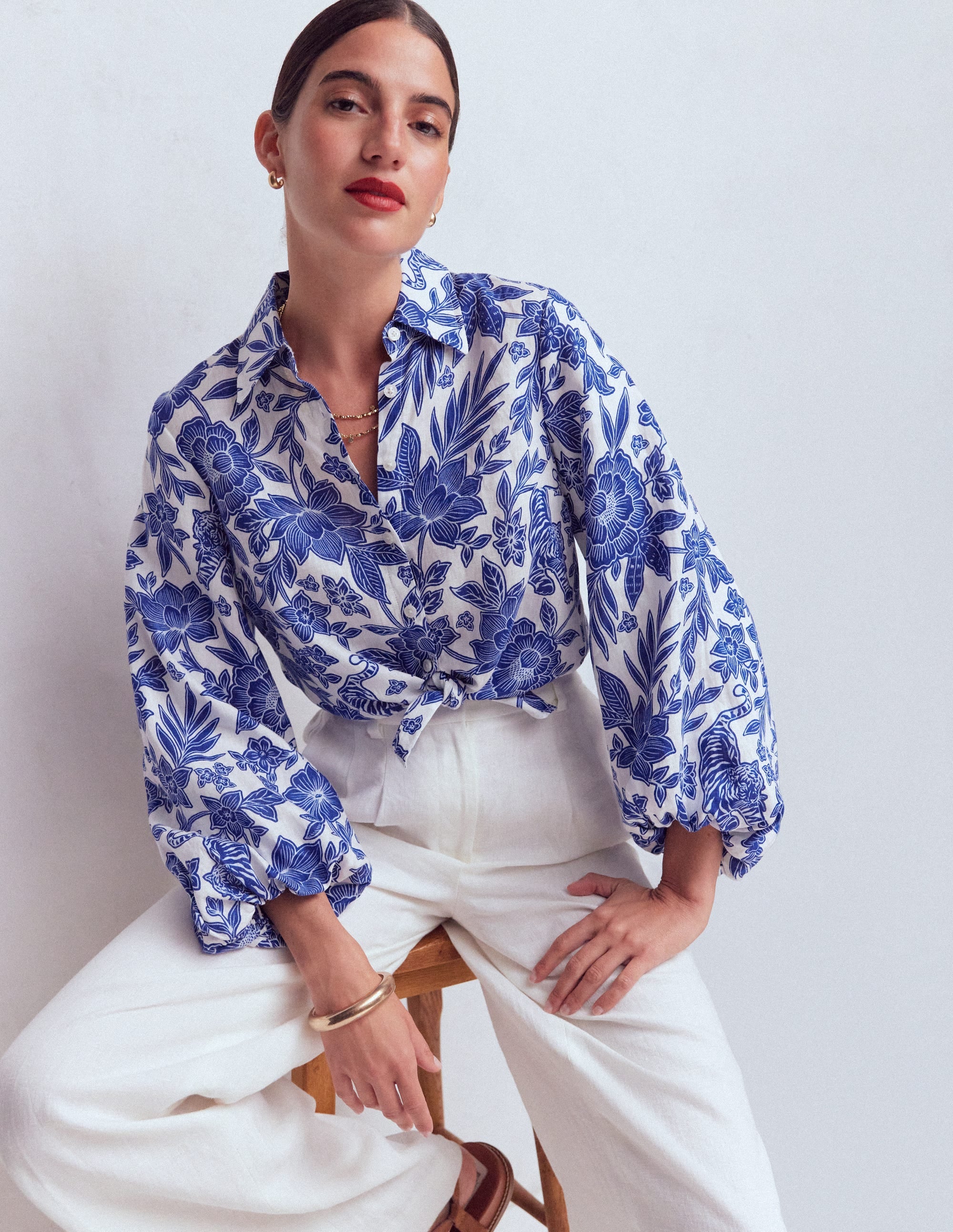 Puff Sleeve Linen Shirt - Sapphire Blue, Tigers Paradise | Boden USA