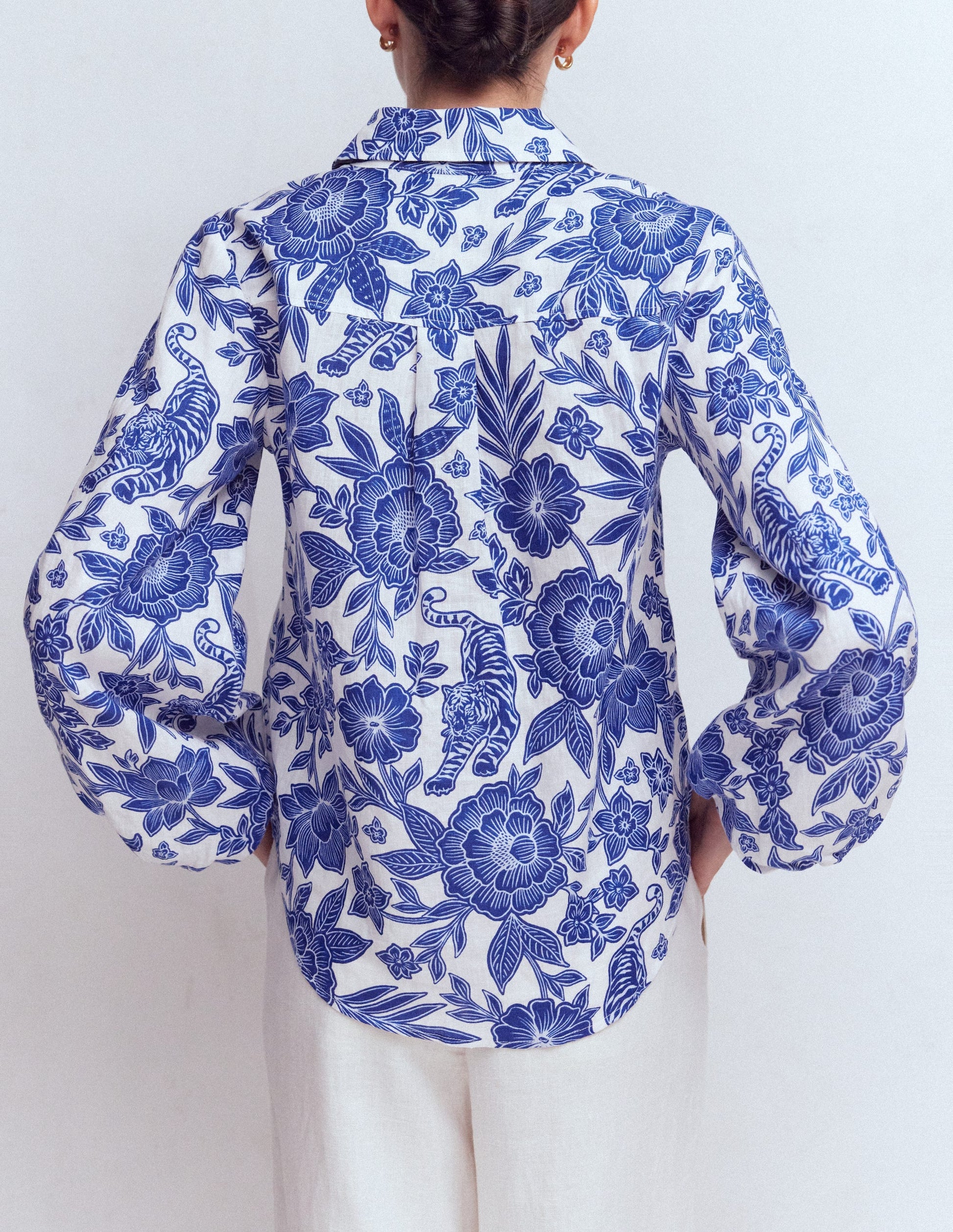 Puff Sleeve Linen Shirt-Sapphire Blue, Tigers Paradise-3
