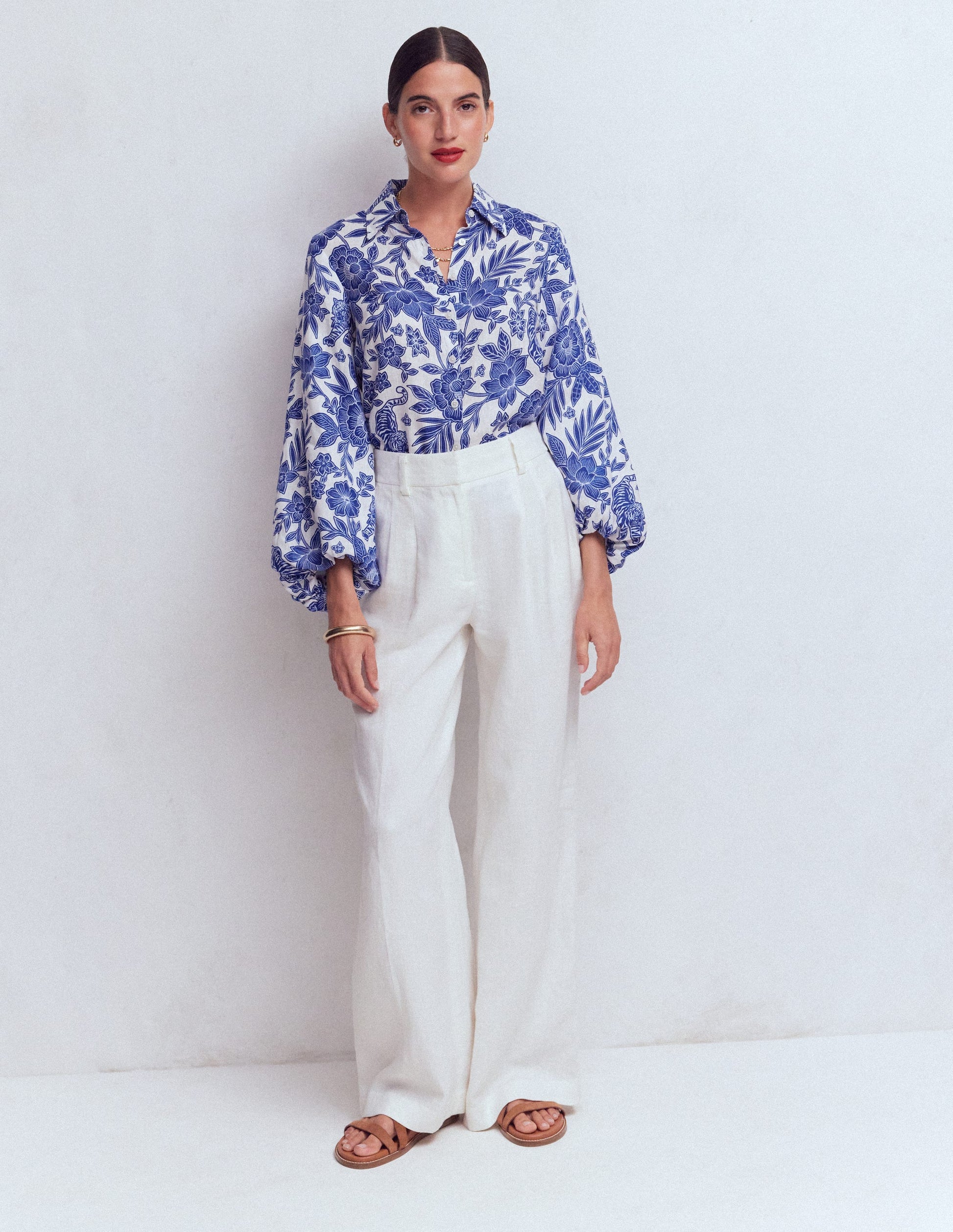 Puff Sleeve Linen Shirt-Sapphire Blue, Tigers Paradise-4