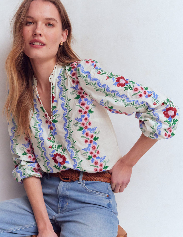 Embroidered Notch Neck Top-Floral Embroidery