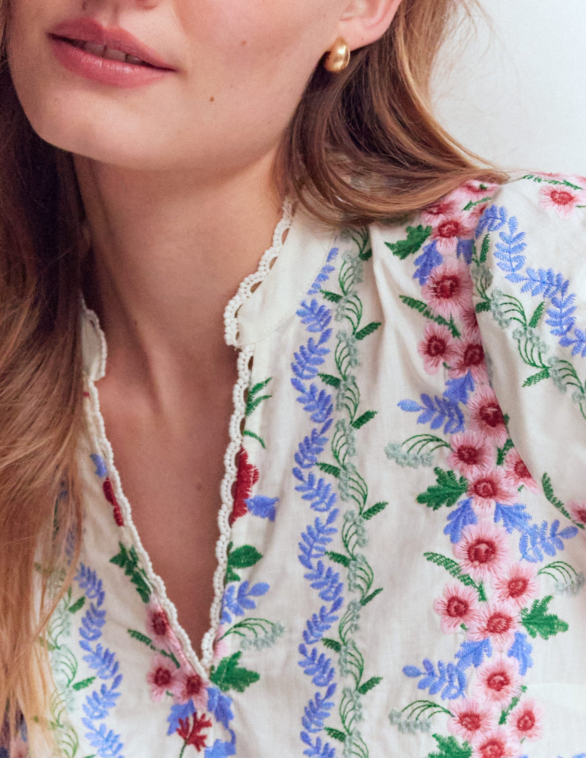 Embroidered Notch Neck Top-Floral Embroidery-3