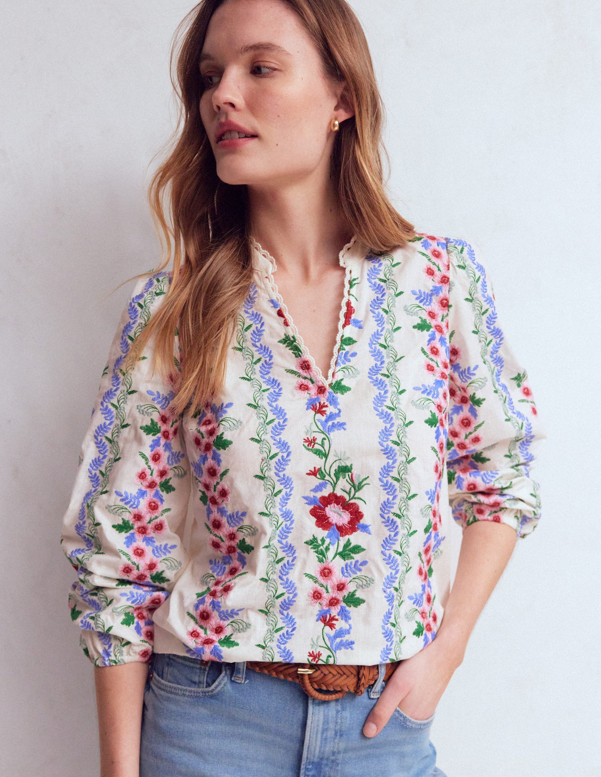 Embroidered Notch Neck Top-Floral Embroidery-7