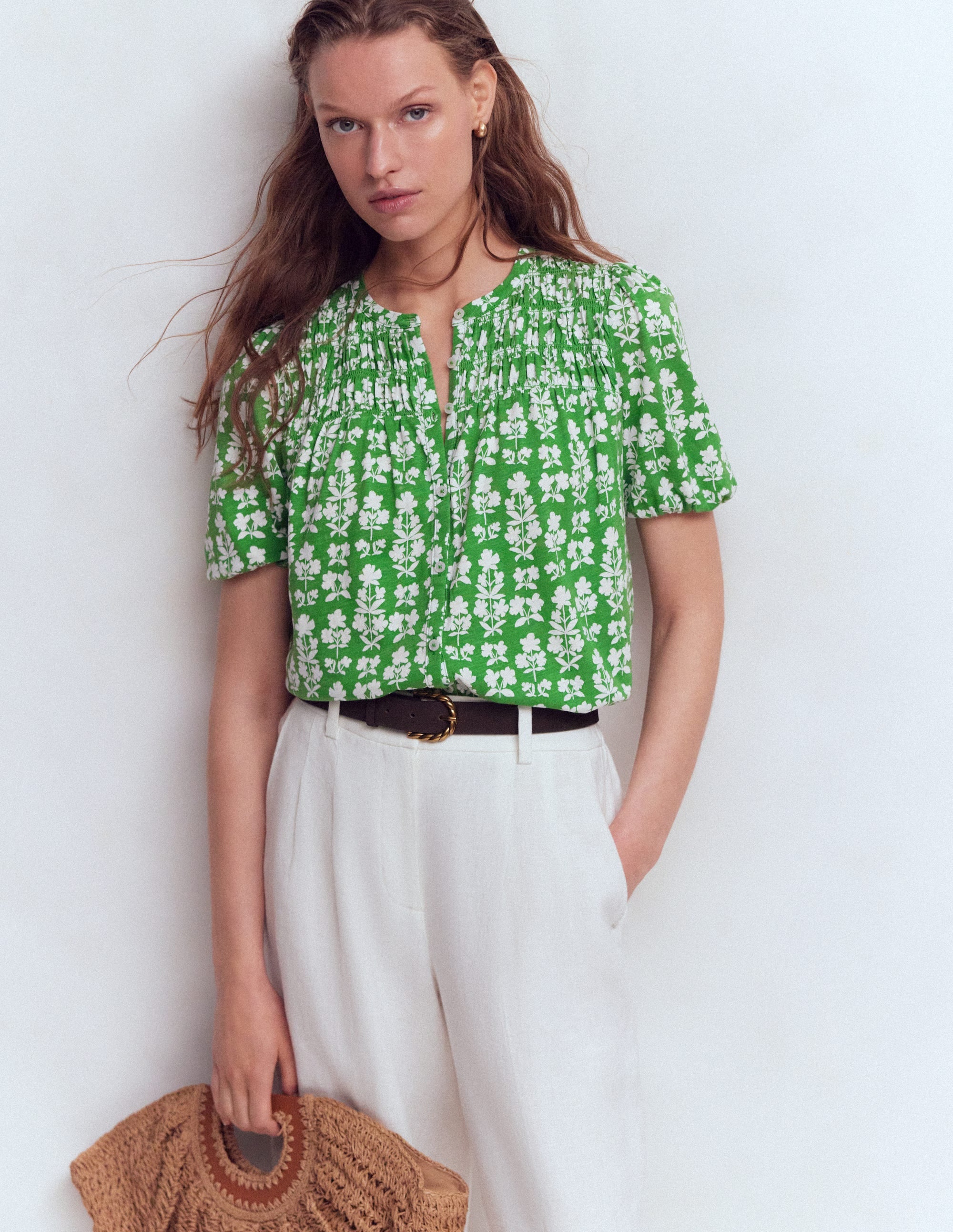 Mya Short Sleeve Smocked Shirt-Mint Green, Blossom grove - Image 1