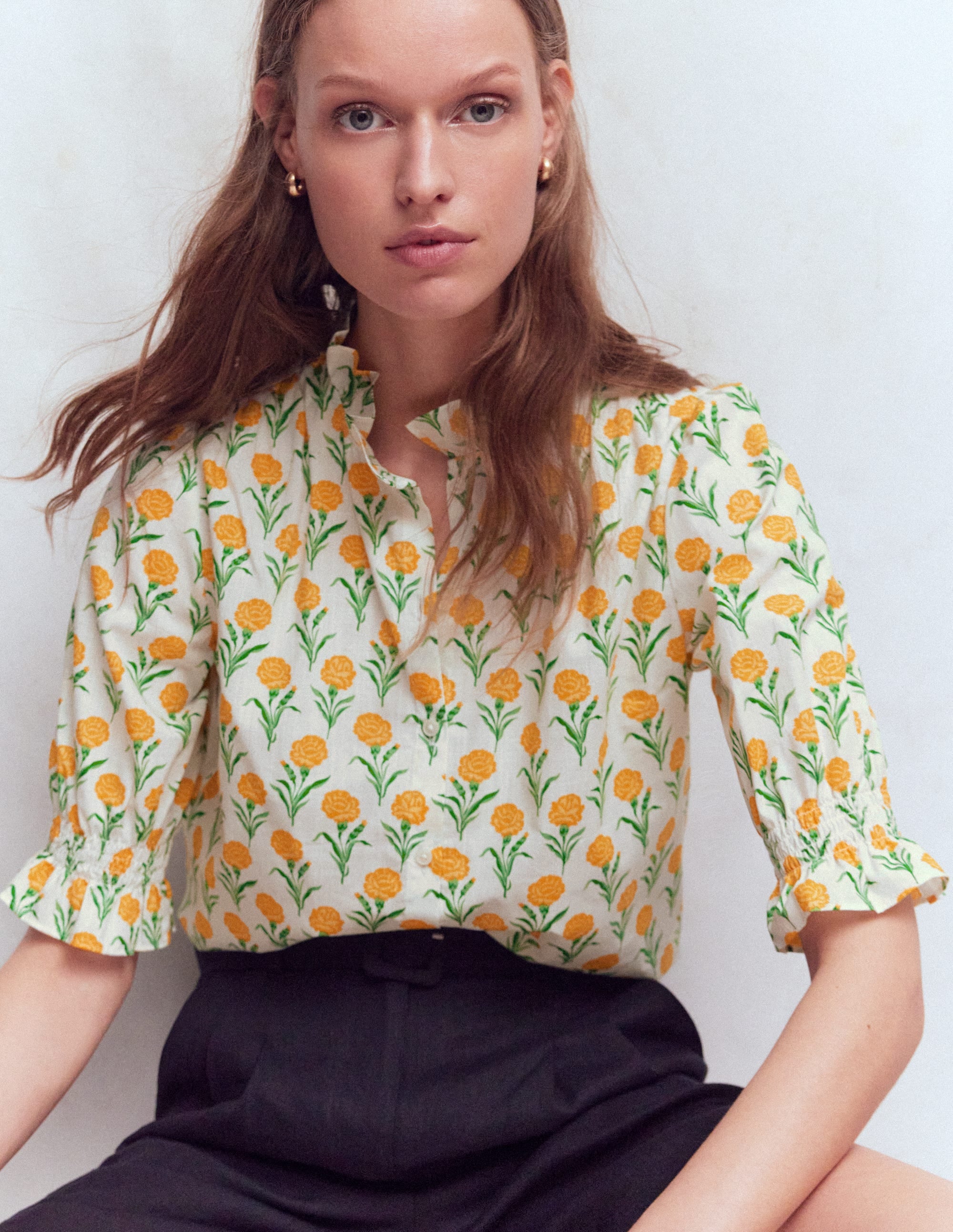Heather Smocked Sleeve Top-Marigold, Carnation Stems | Boden USA