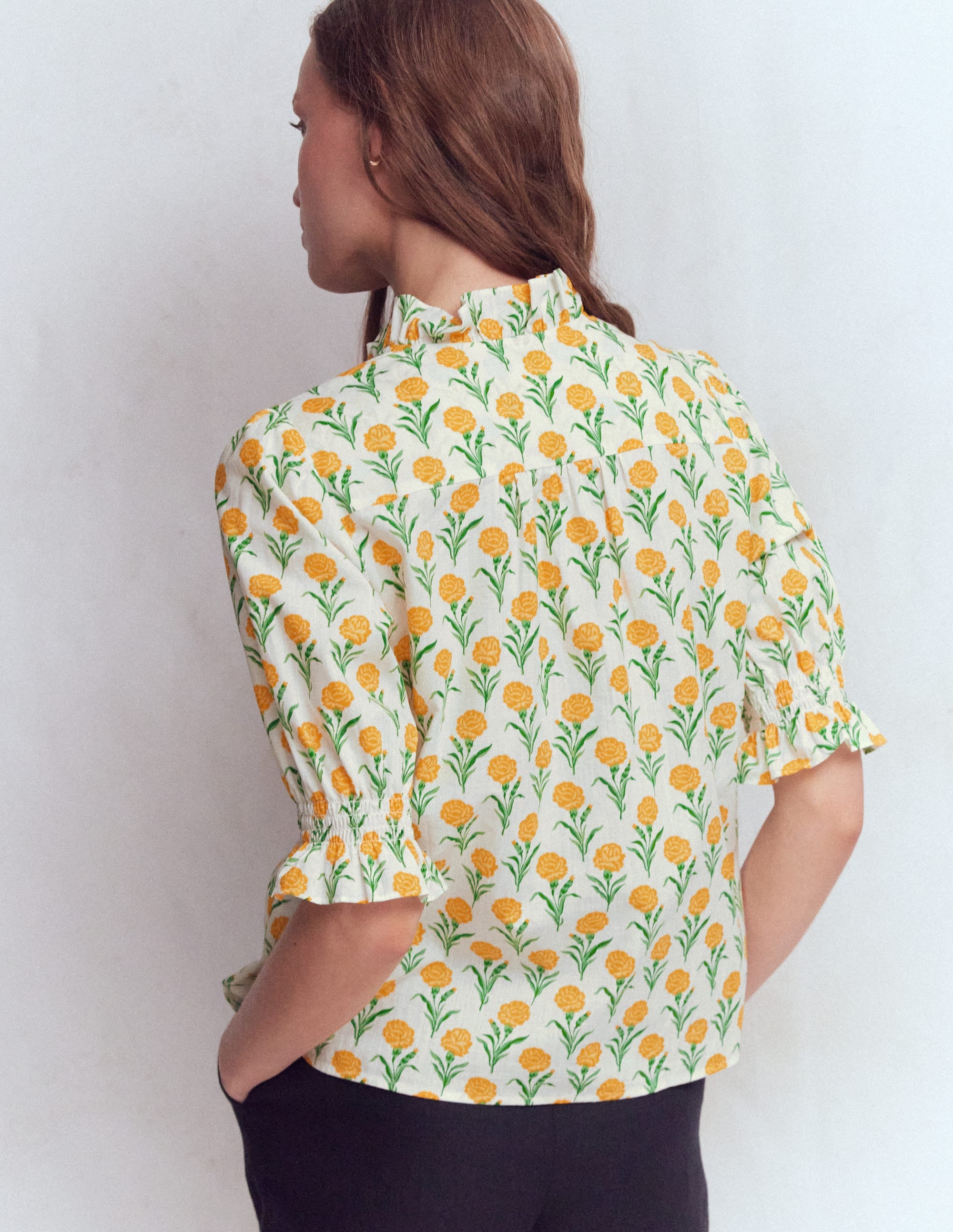 Heather Smocked Sleeve Top-Marigold, Carnation Stems - Image 3