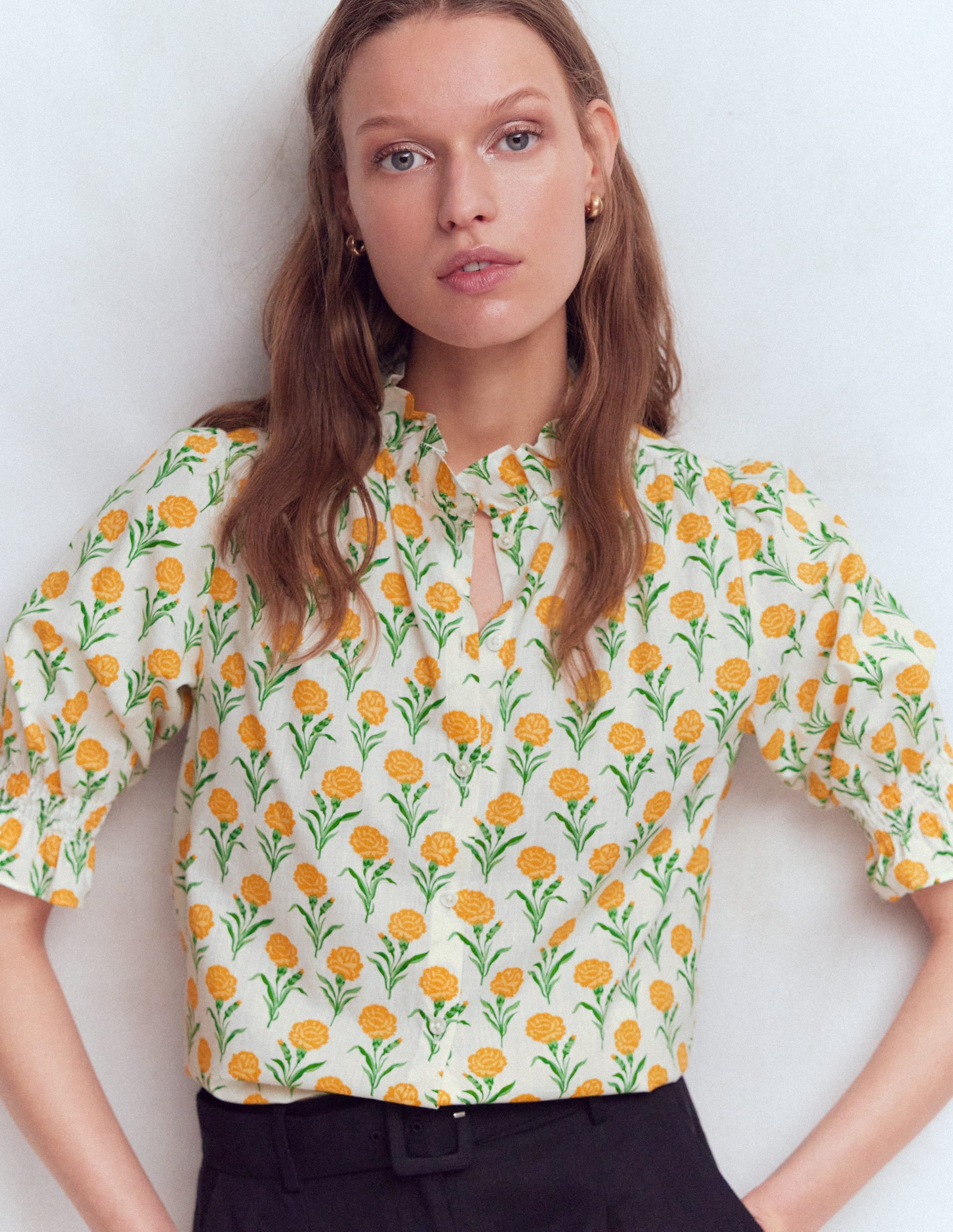 Heather Smocked Sleeve Top-Marigold, Carnation Stems | Boden USA