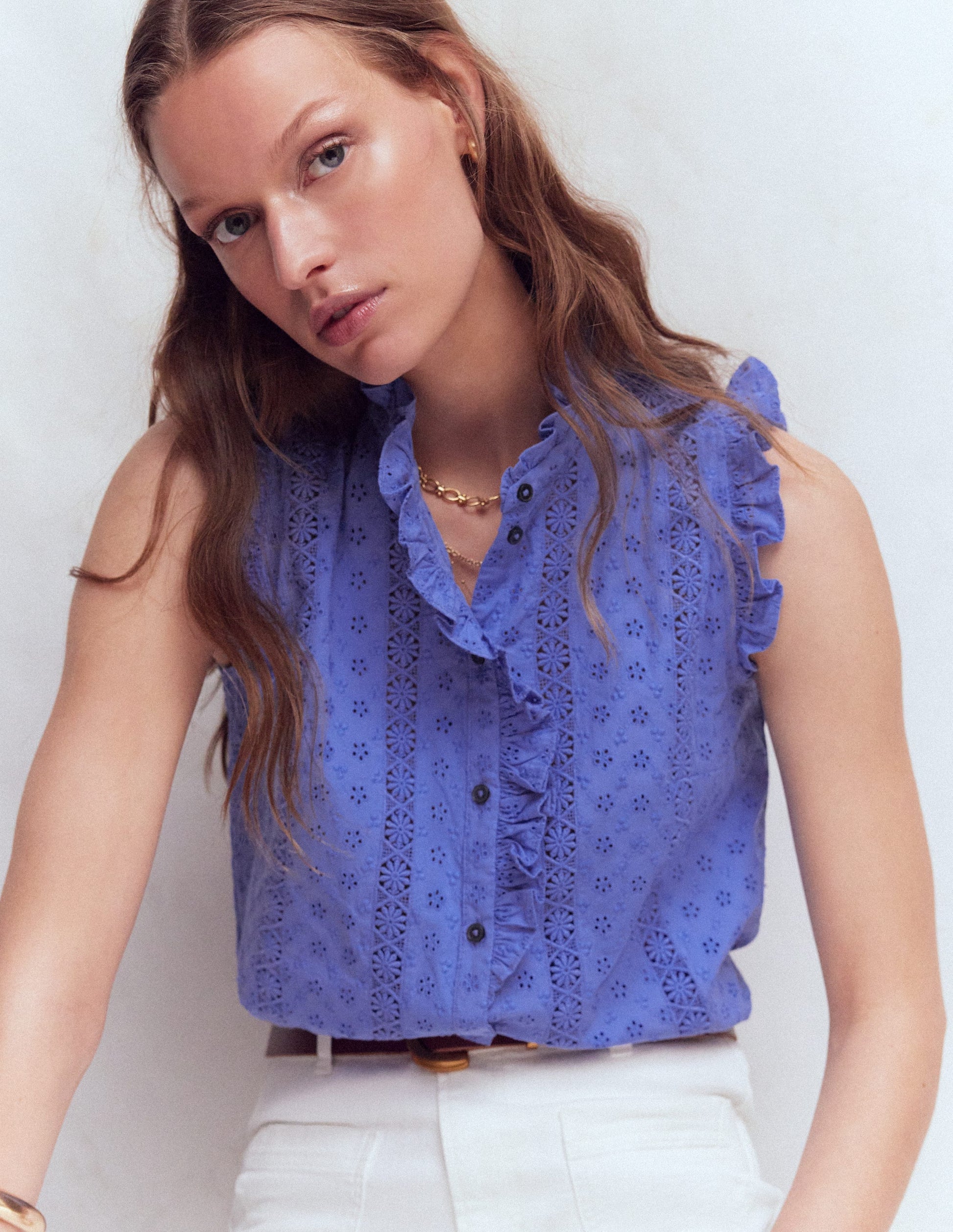 Boden Women's Isabel Sleeveless Broderie Top in Blue | Size 16/18 Boden Women's Isabel Sleeveless Broderie Top in Blue | Size 16/18
