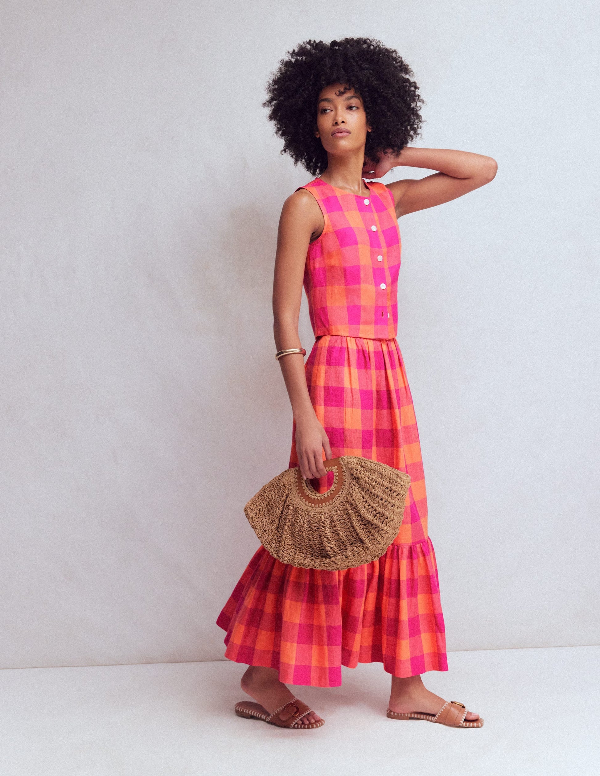 Andrea Linen Shell Top-Zesty Orange, Pink Gingham-1
