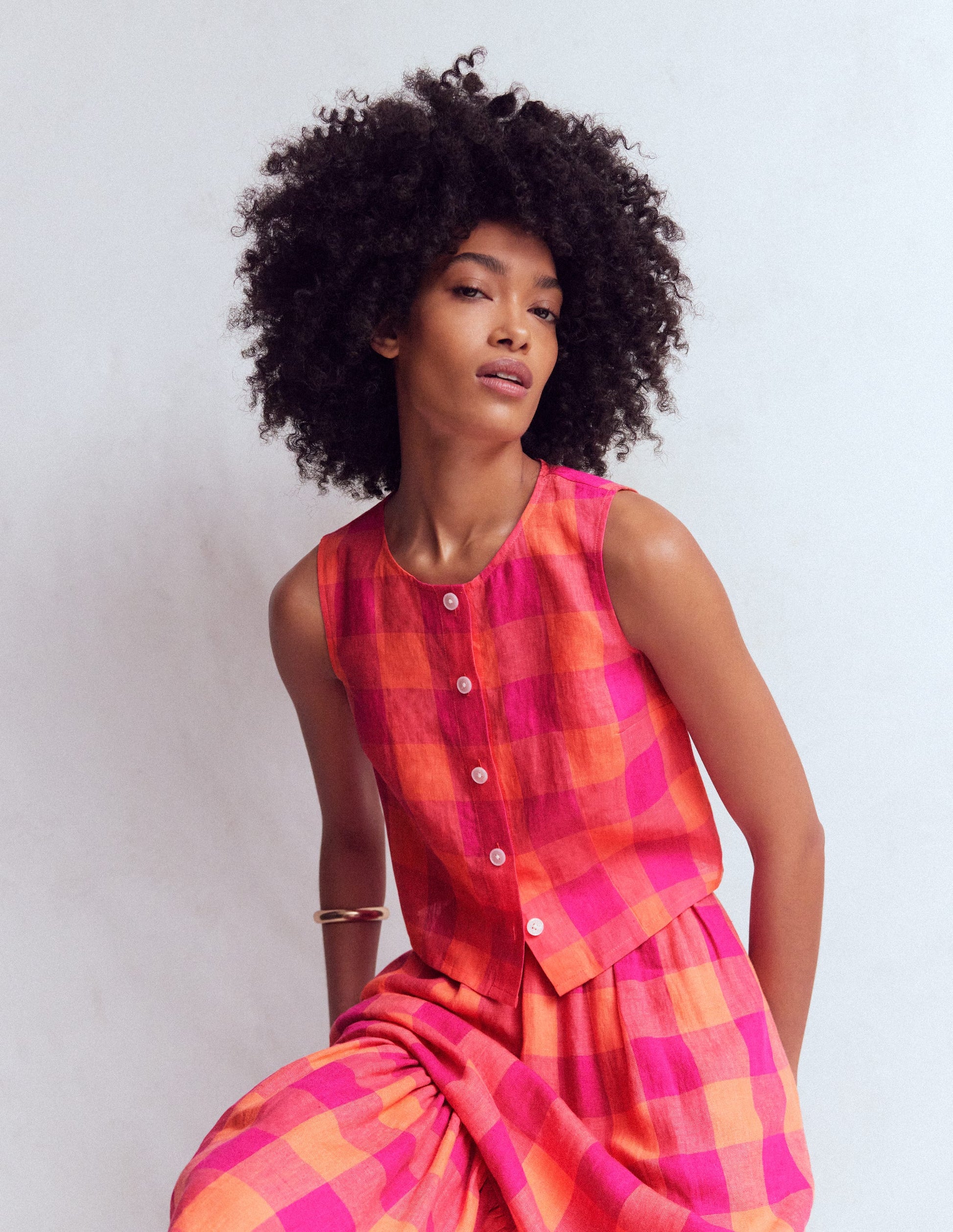 Andrea Linen Shell Top-Zesty Orange, Pink Gingham-2