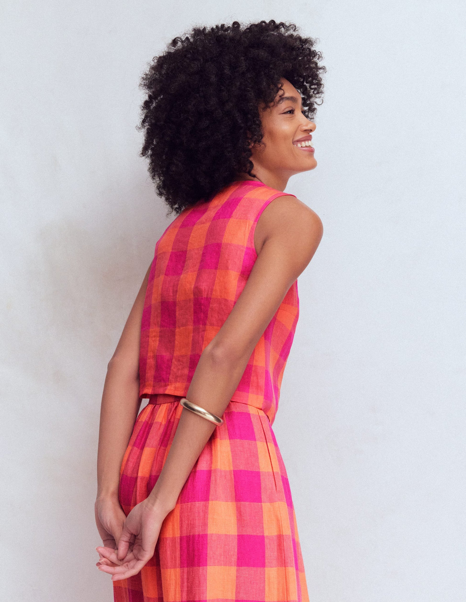 Andrea Linen Shell Top-Zesty Orange, Pink Gingham-3