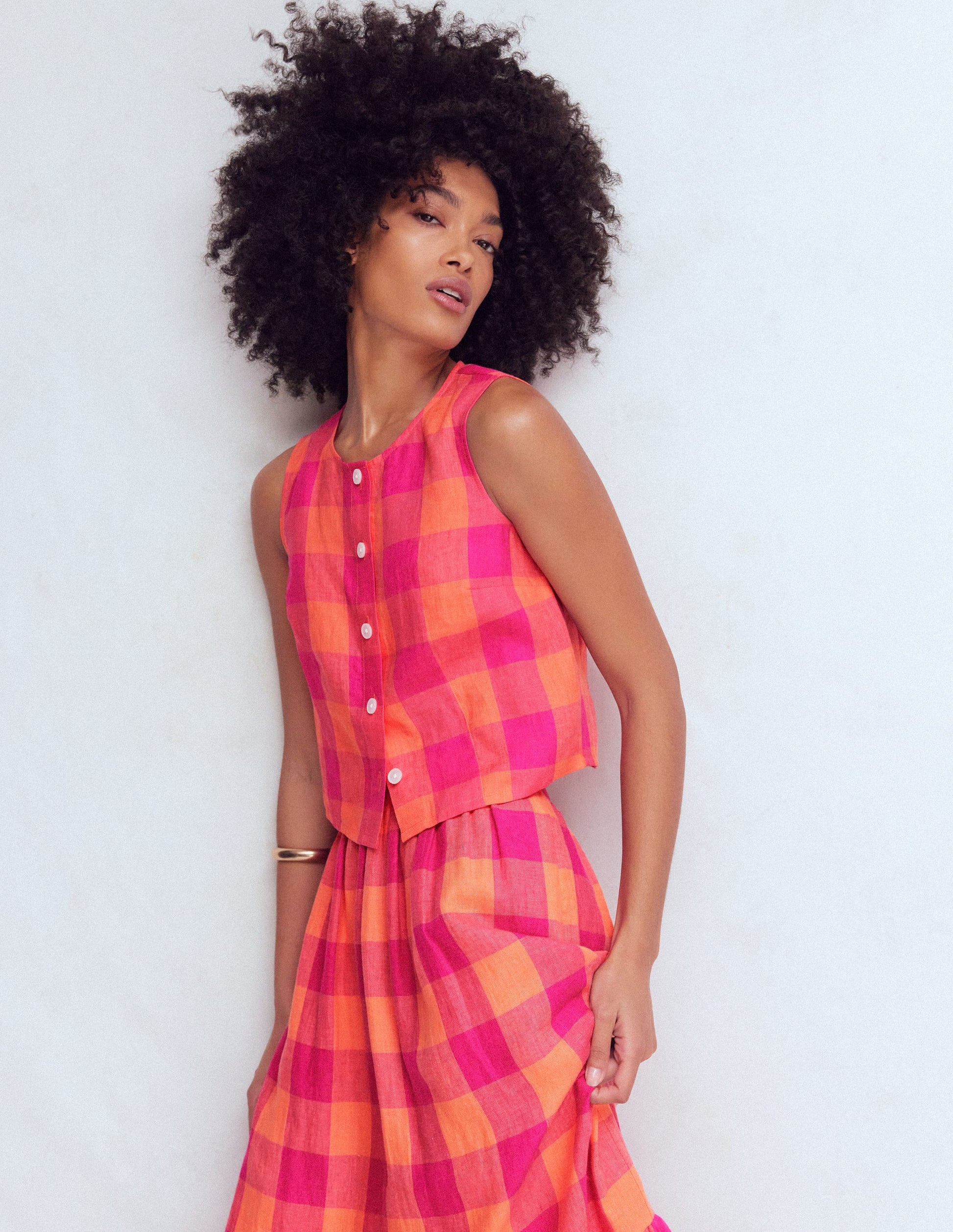 Andrea Linen Shell Top-Zesty Orange, Pink Gingham-4
