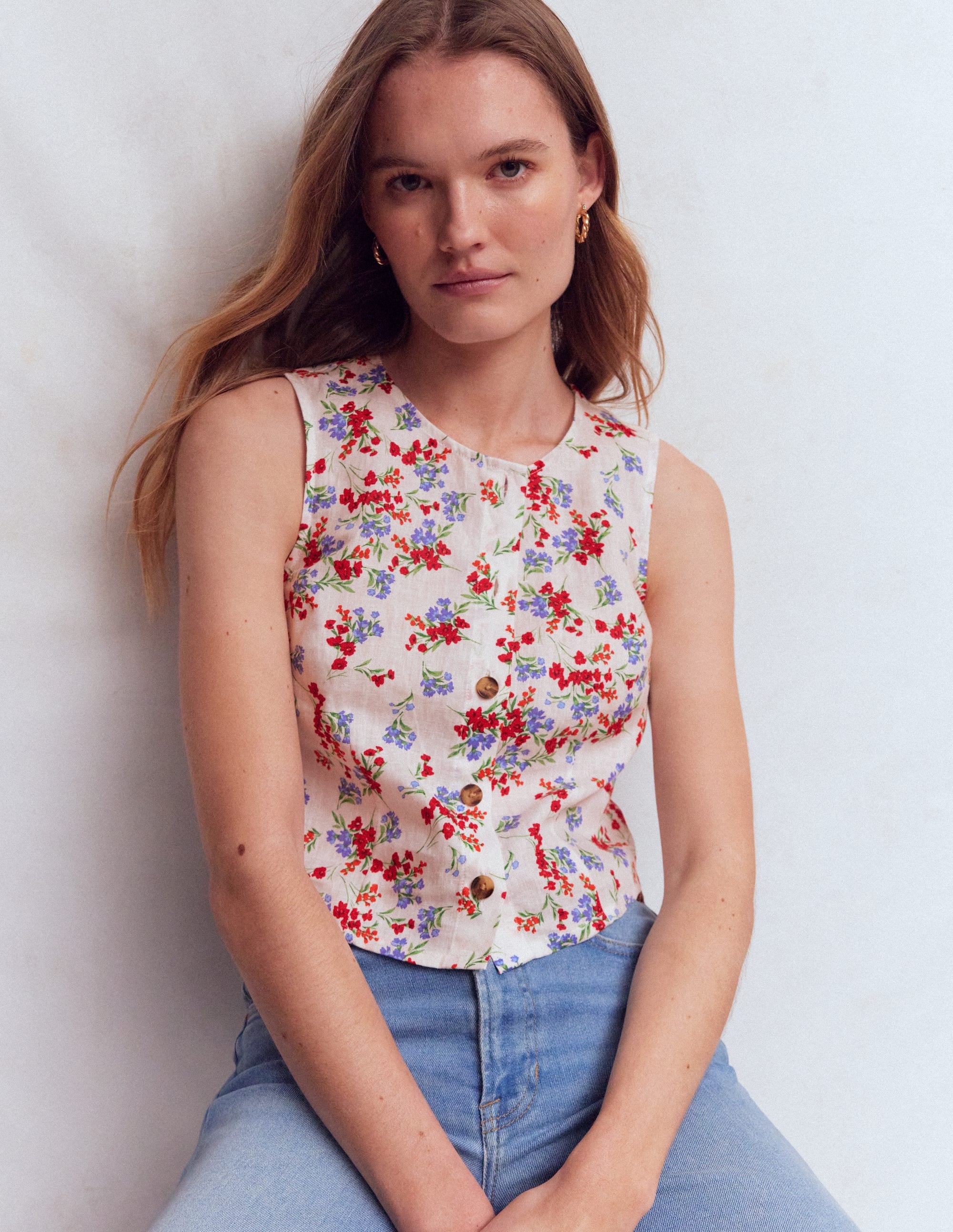 Andrea Linen Shell Top-Ivory, Bloom Scatter | Boden USA