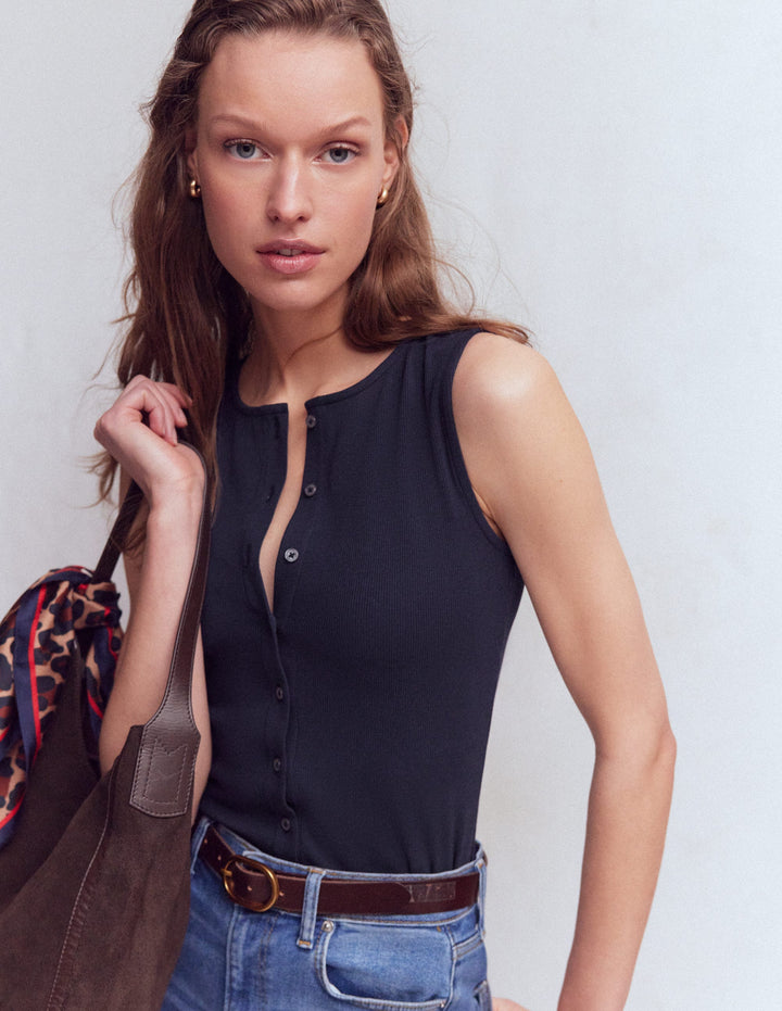 Evie Button Through Rib Vest-Navy