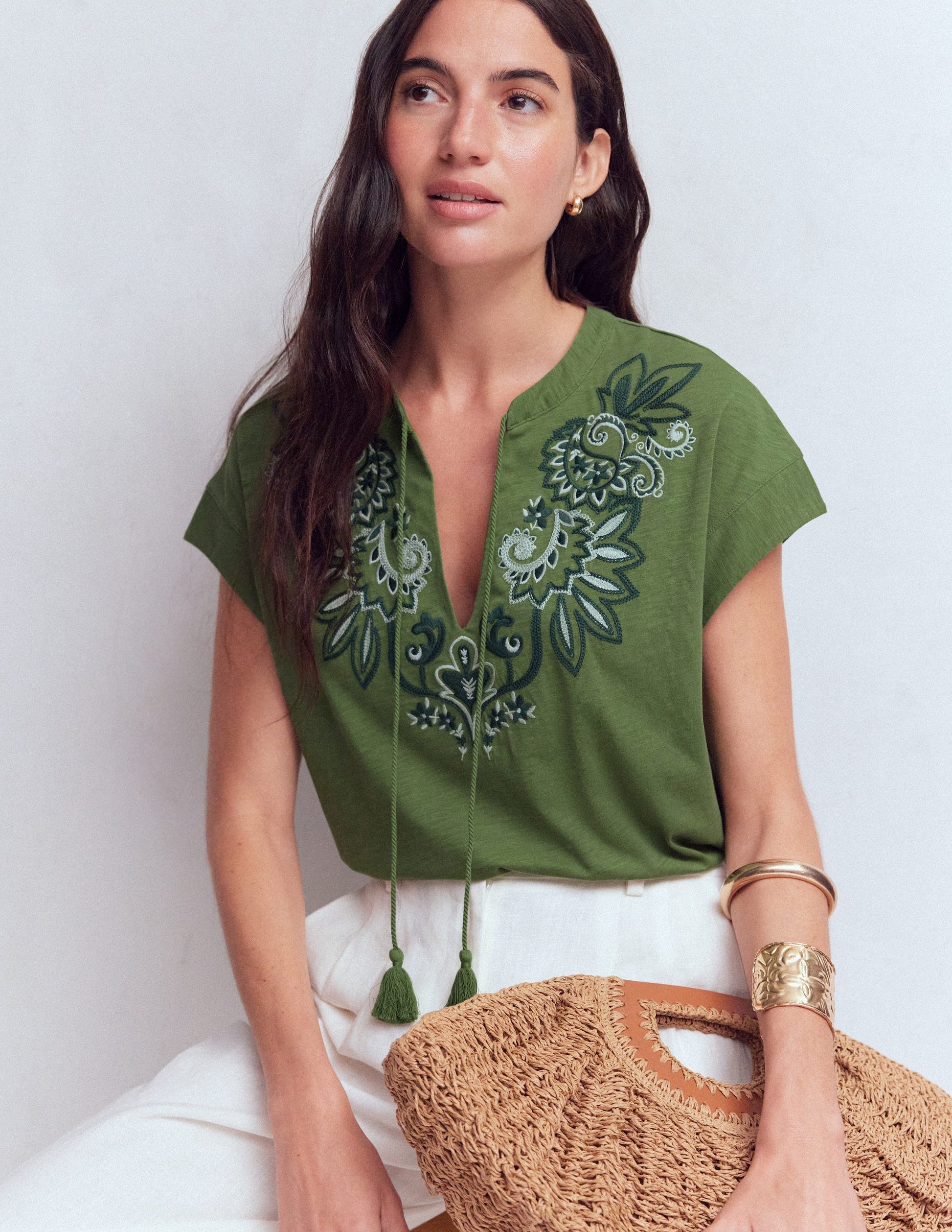 boden embroidered notch neck dress Boden Women's Cathy Notch Neck Jersey Dress in Green