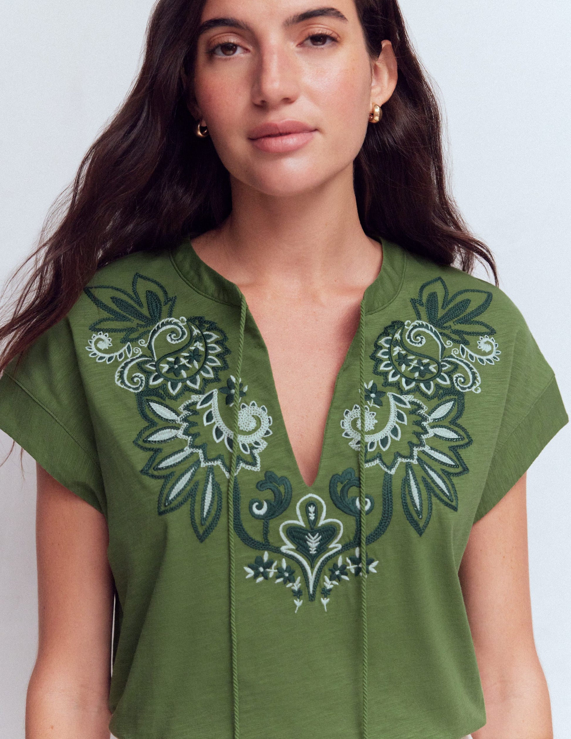 Nina Embroidered Notch T-shirt-Safari Green-2
