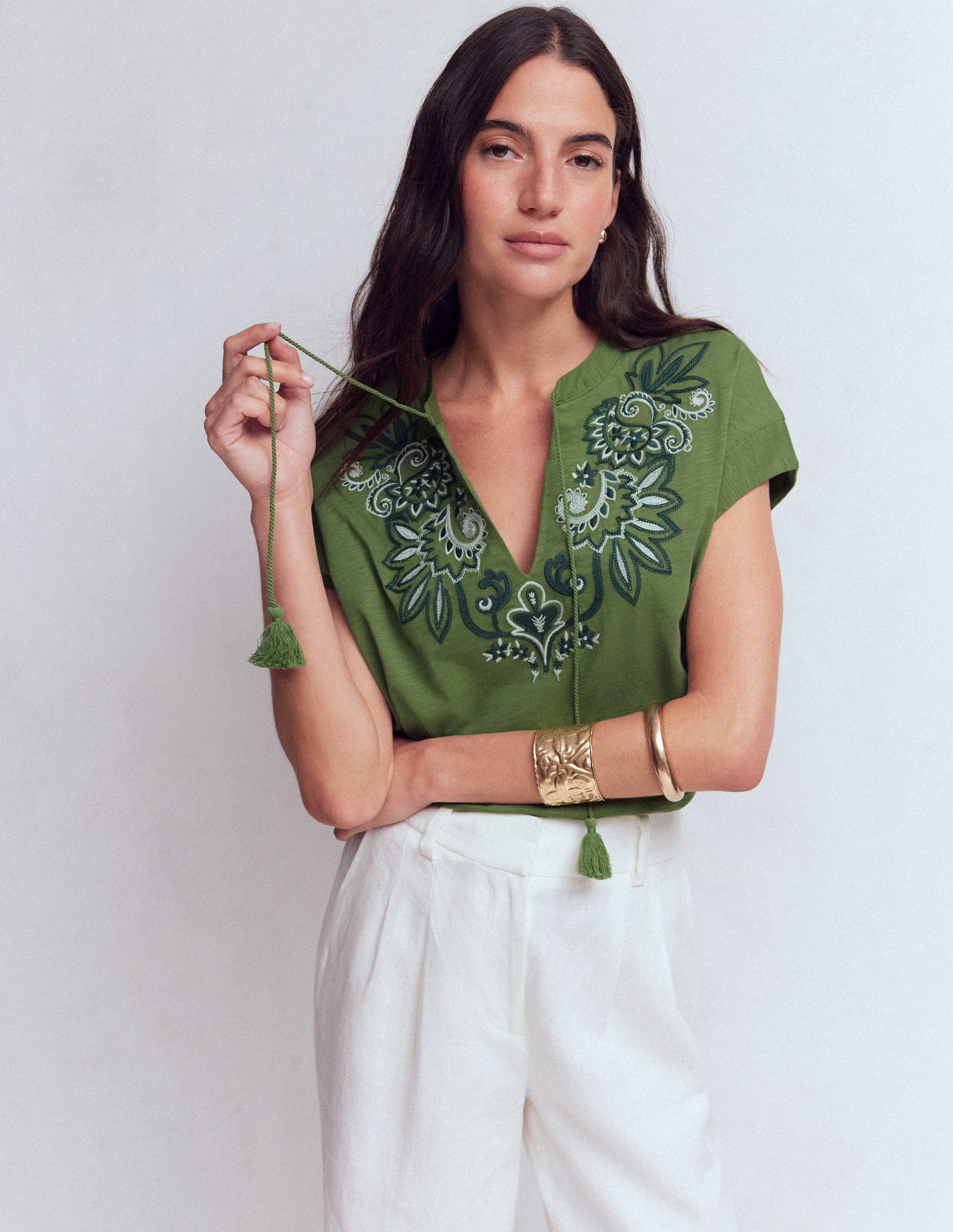 Nina Embroidered Notch T-shirt-Safari Green-5
