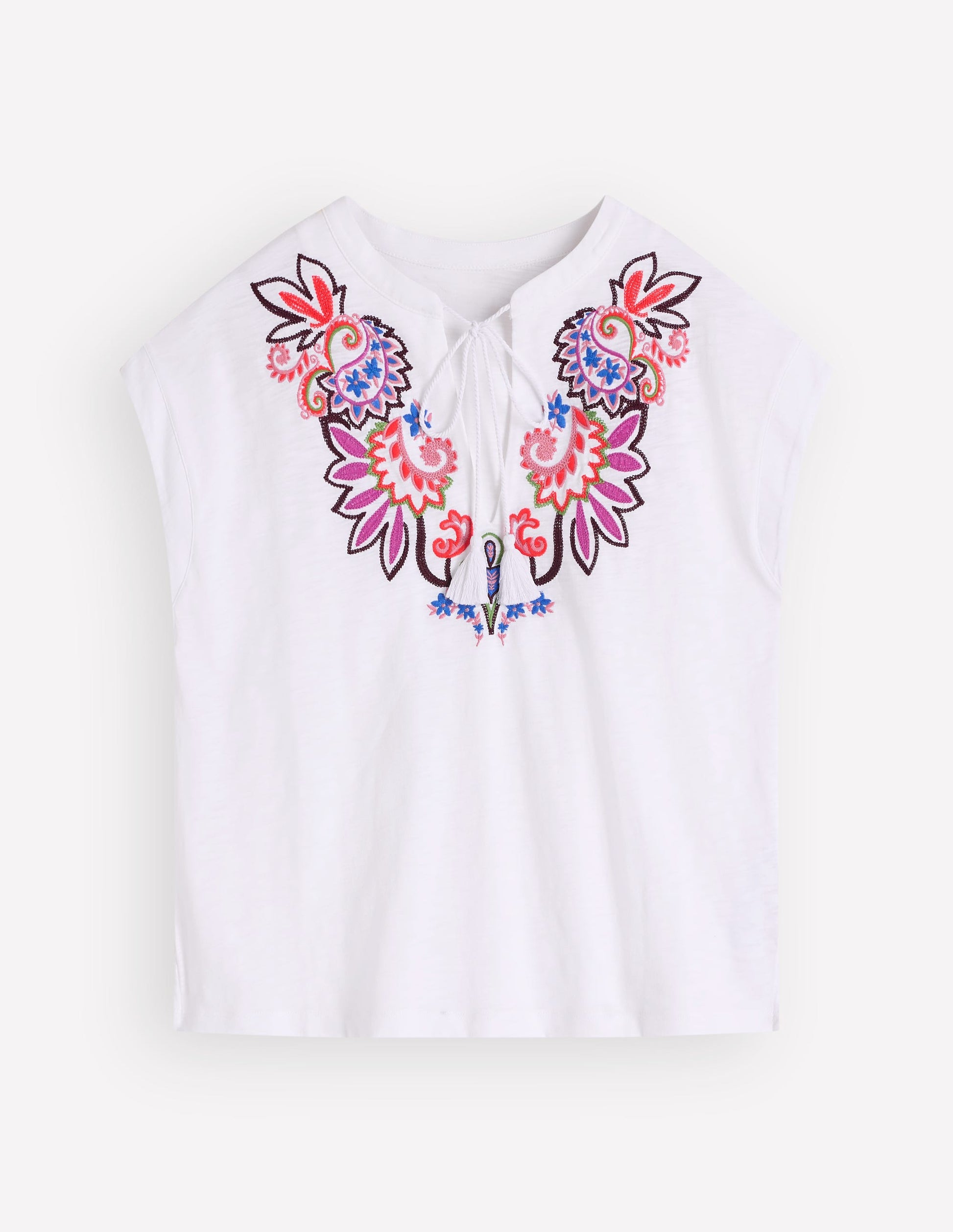 Nina Embroidered Notch T-shirt-White - Multi Embroidery-6