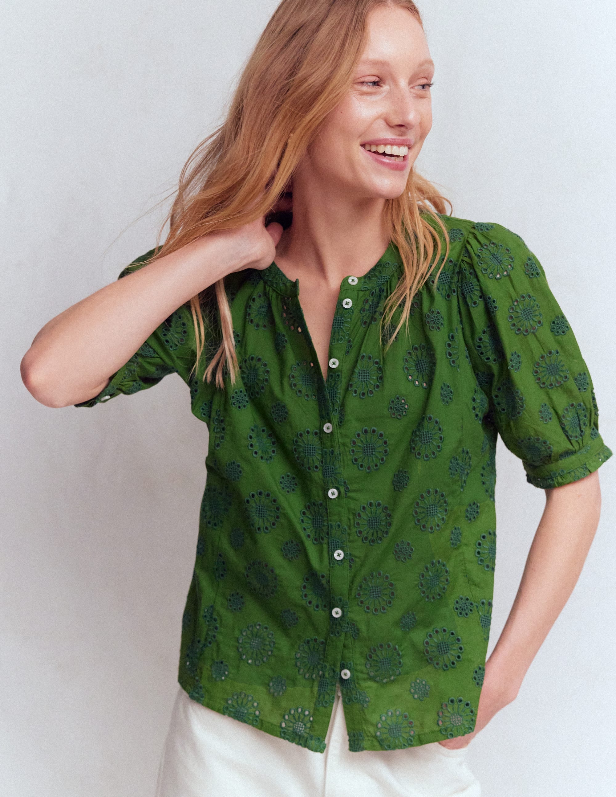 Camille Embroidered Cotton Top-Promenade Green Broderie - Image 4