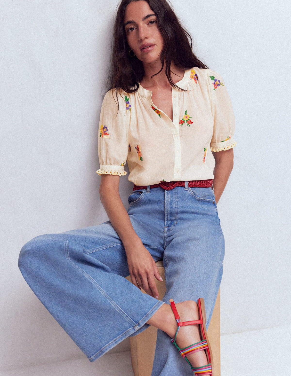 Camille Embroidered Cotton Top-Ivory Floral Embroidery | Boden USA