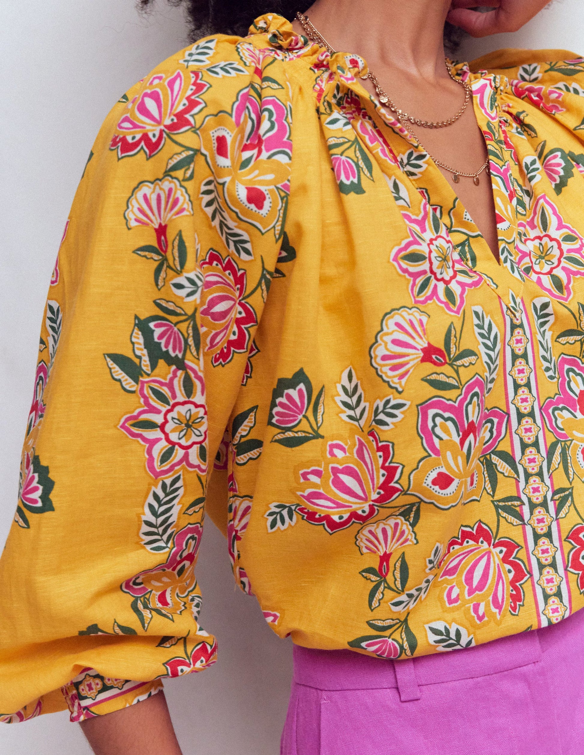 Serena Pleat Neck Linen Top-Marigold, Blossom Elegance-3