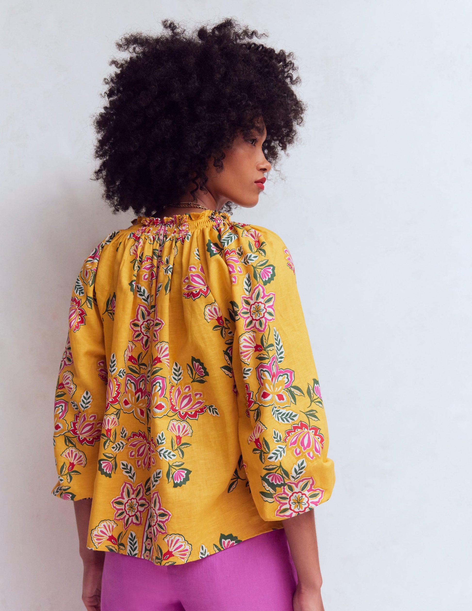 Serena Pleat Neck Linen Top-Marigold, Blossom Elegance-4