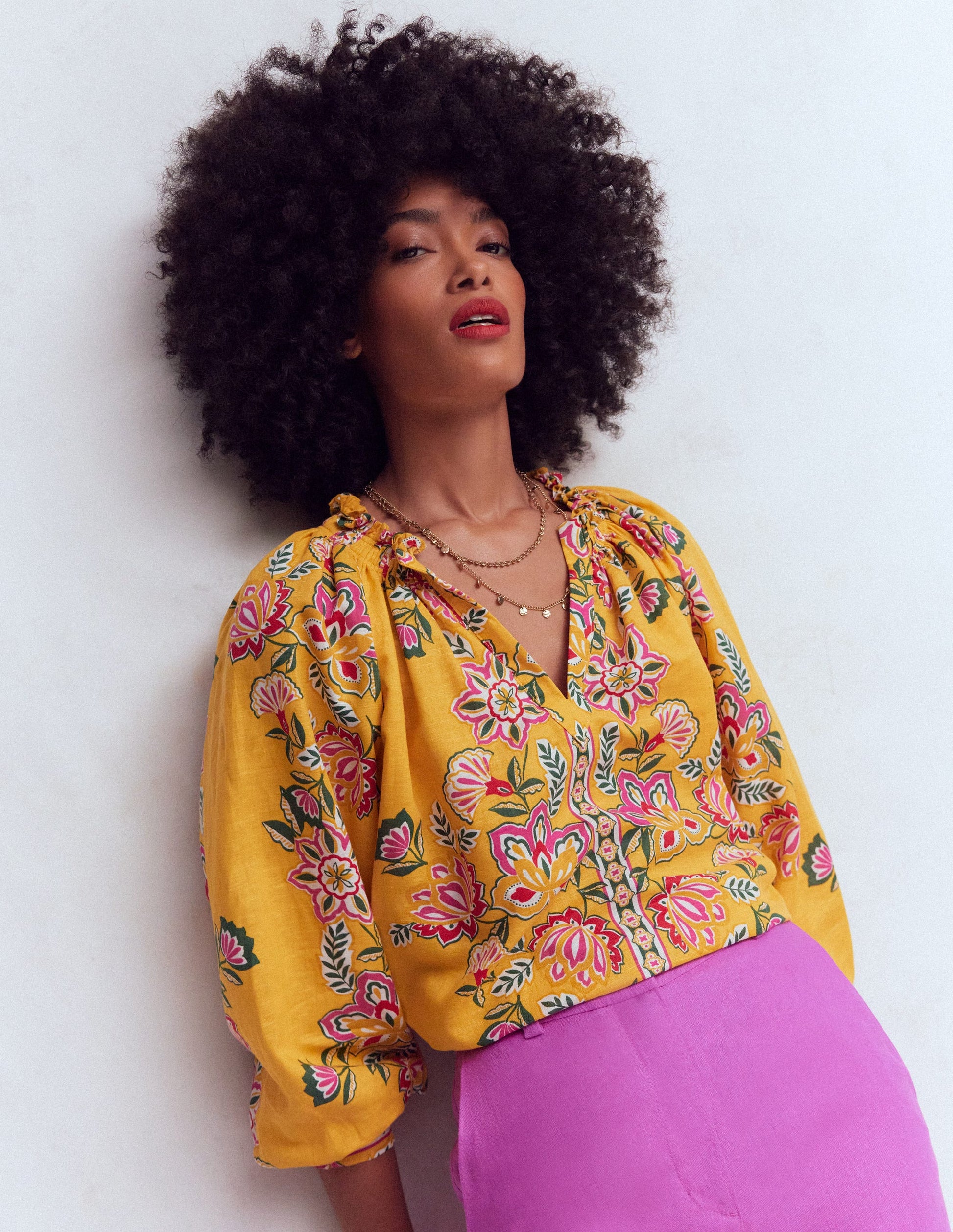 Serena Pleat Neck Linen Top-Marigold, Blossom Elegance-5