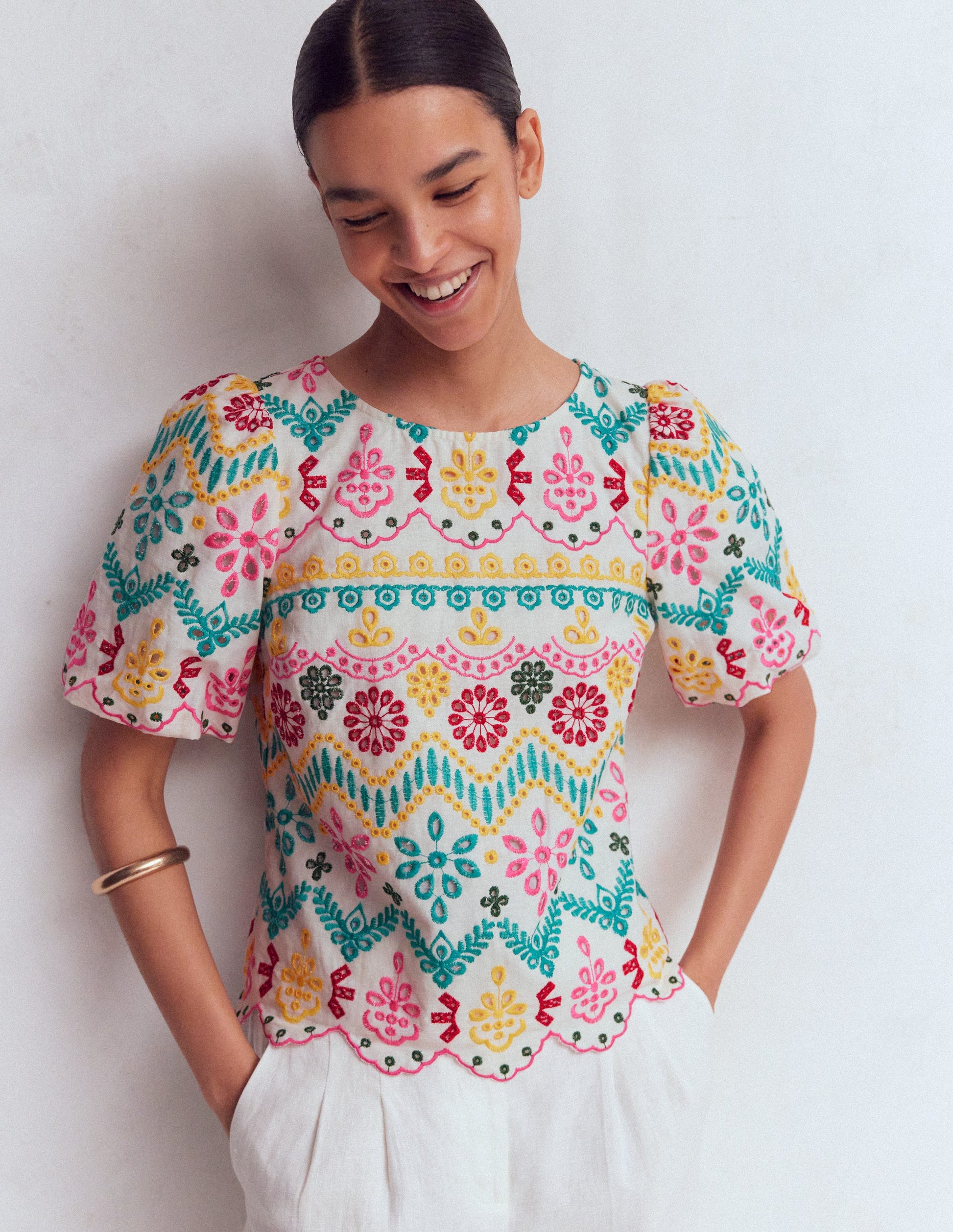 Linen Puff Sleeve Top-Multi Broderie-3