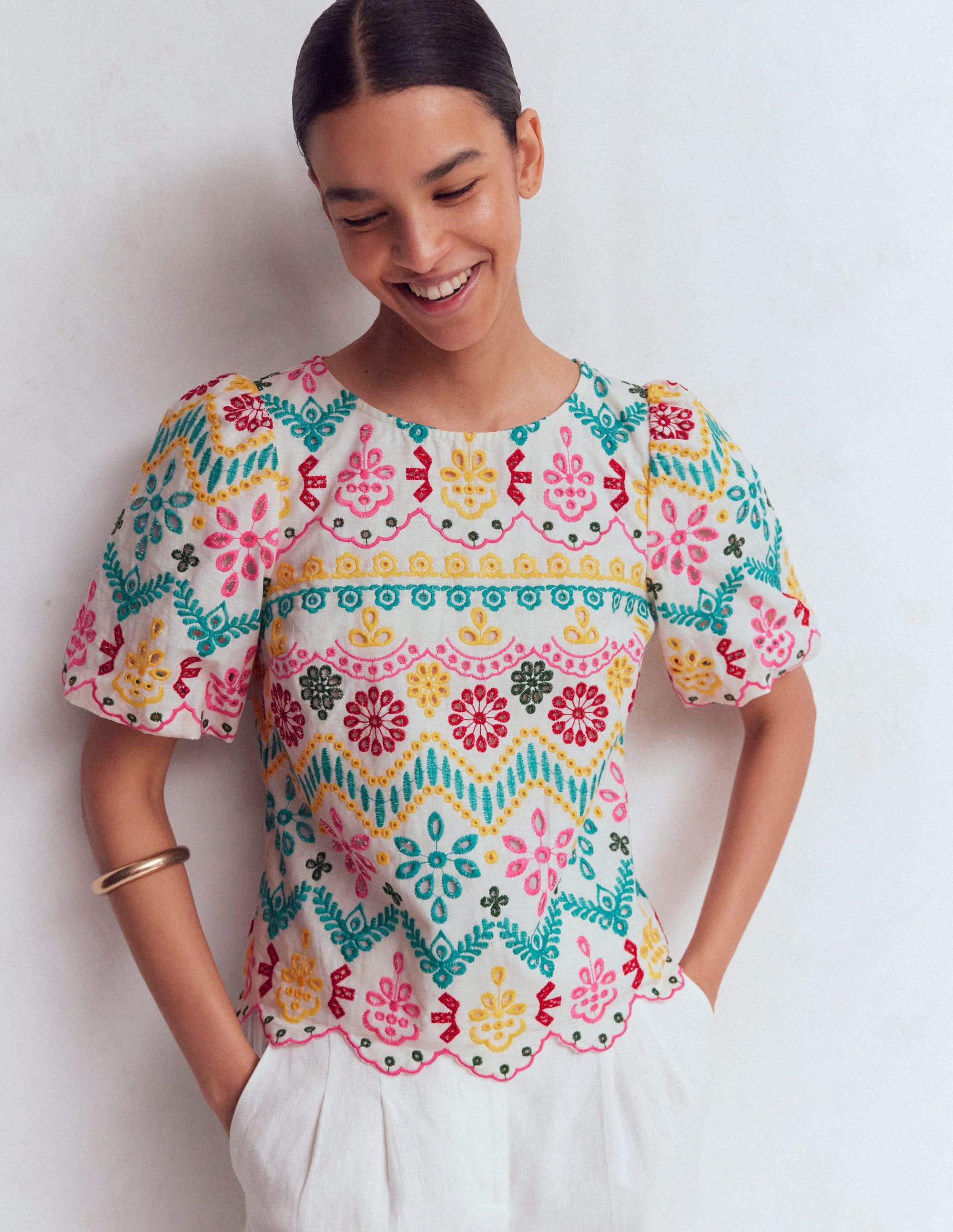 Linen Puff Sleeve Top-Multi Broderie - Image 1