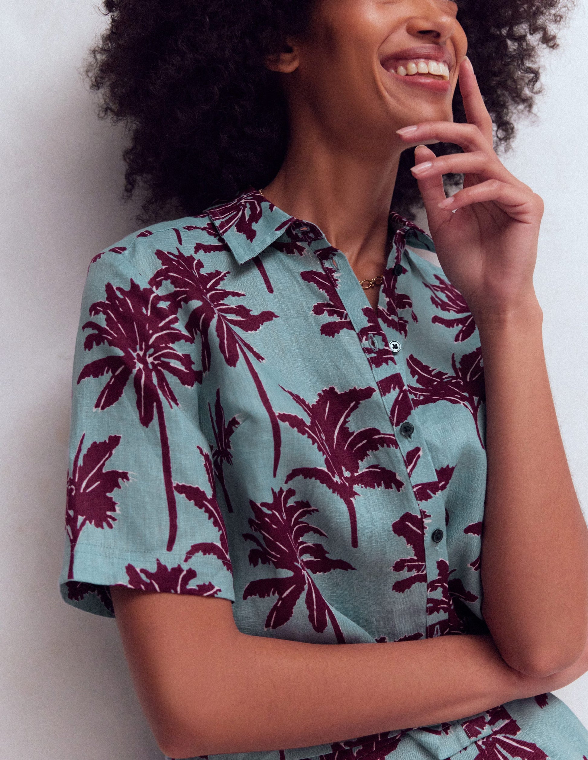 Short Sleeve Linen Shirt-Seamist Blue, Palm Paradise-2