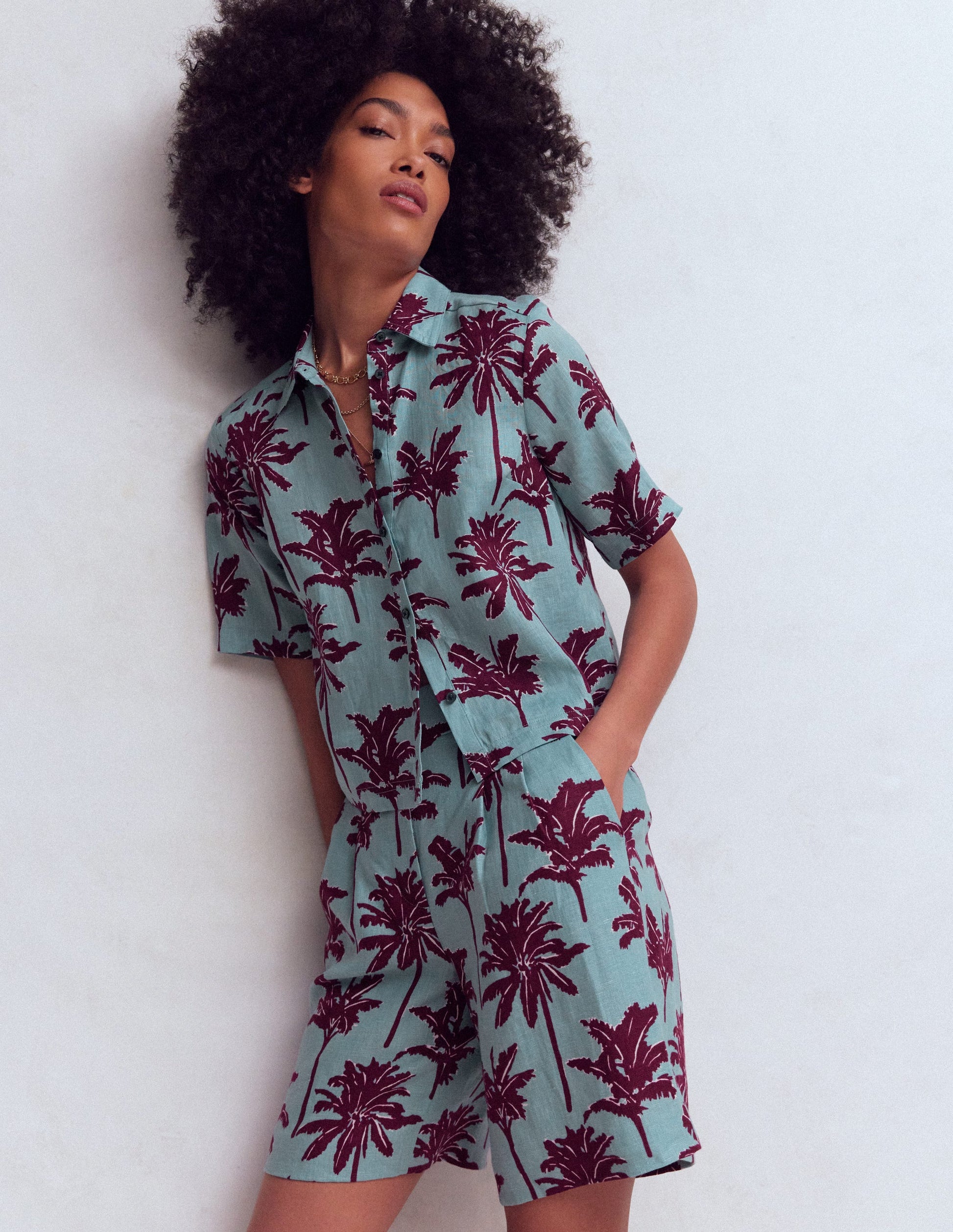Short Sleeve Linen Shirt-Seamist Blue, Palm Paradise-4