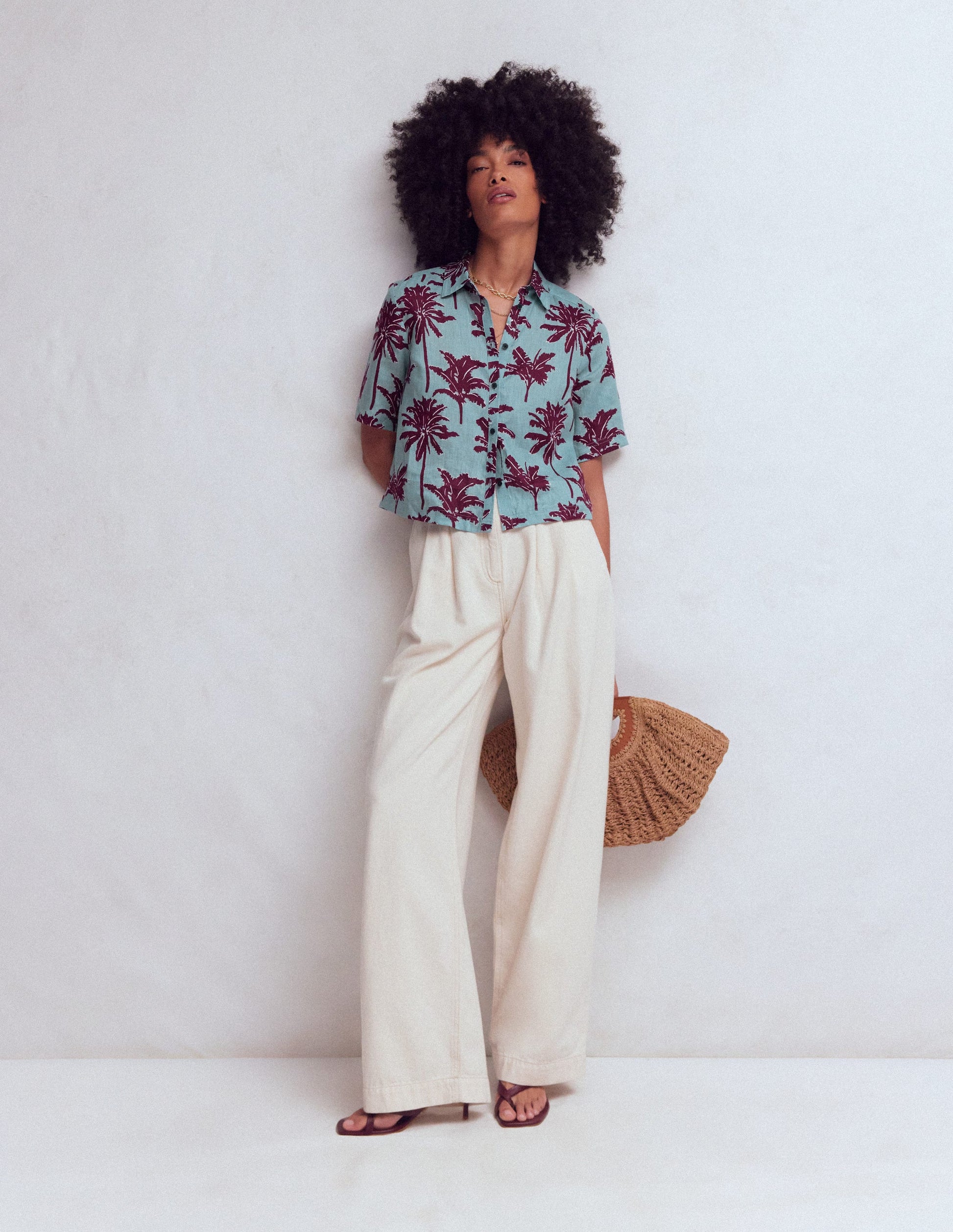 Short Sleeve Linen Shirt-Seamist Blue, Palm Paradise-5
