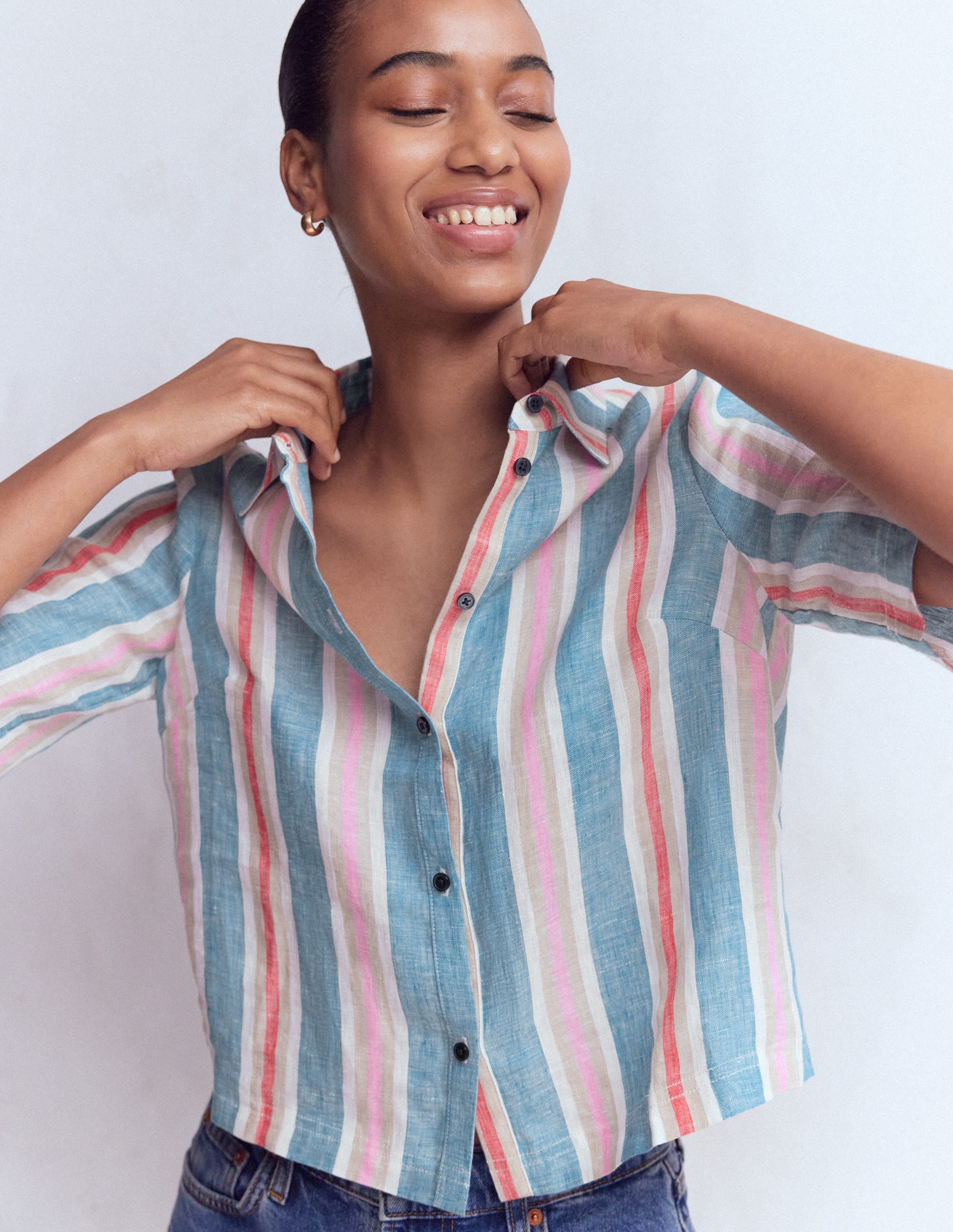 Short Sleeve Linen Shirt-Multi Stripe - Image 1