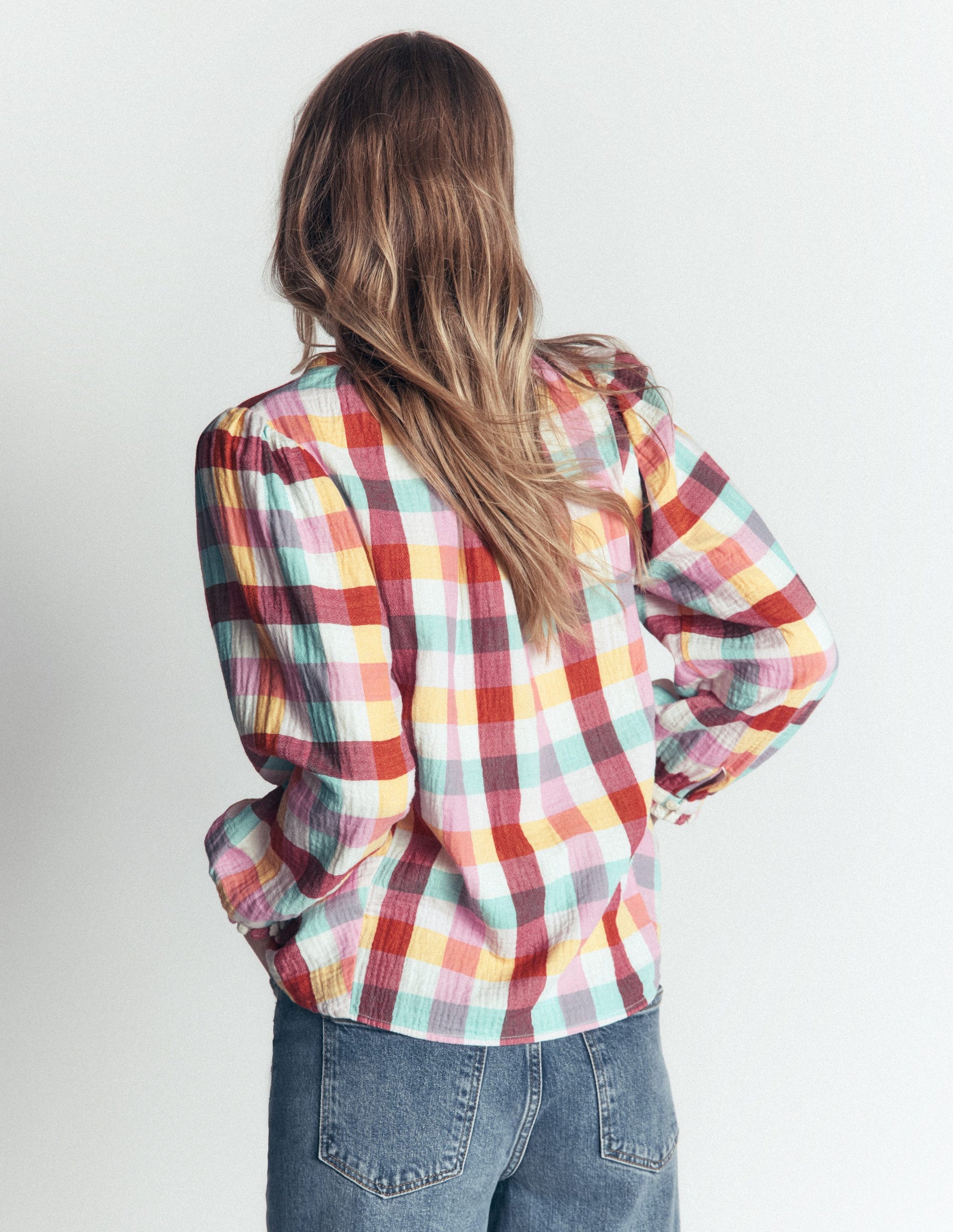 Camille Double Cloth Top-Ivory, Pink, Red Multi Gingham-3