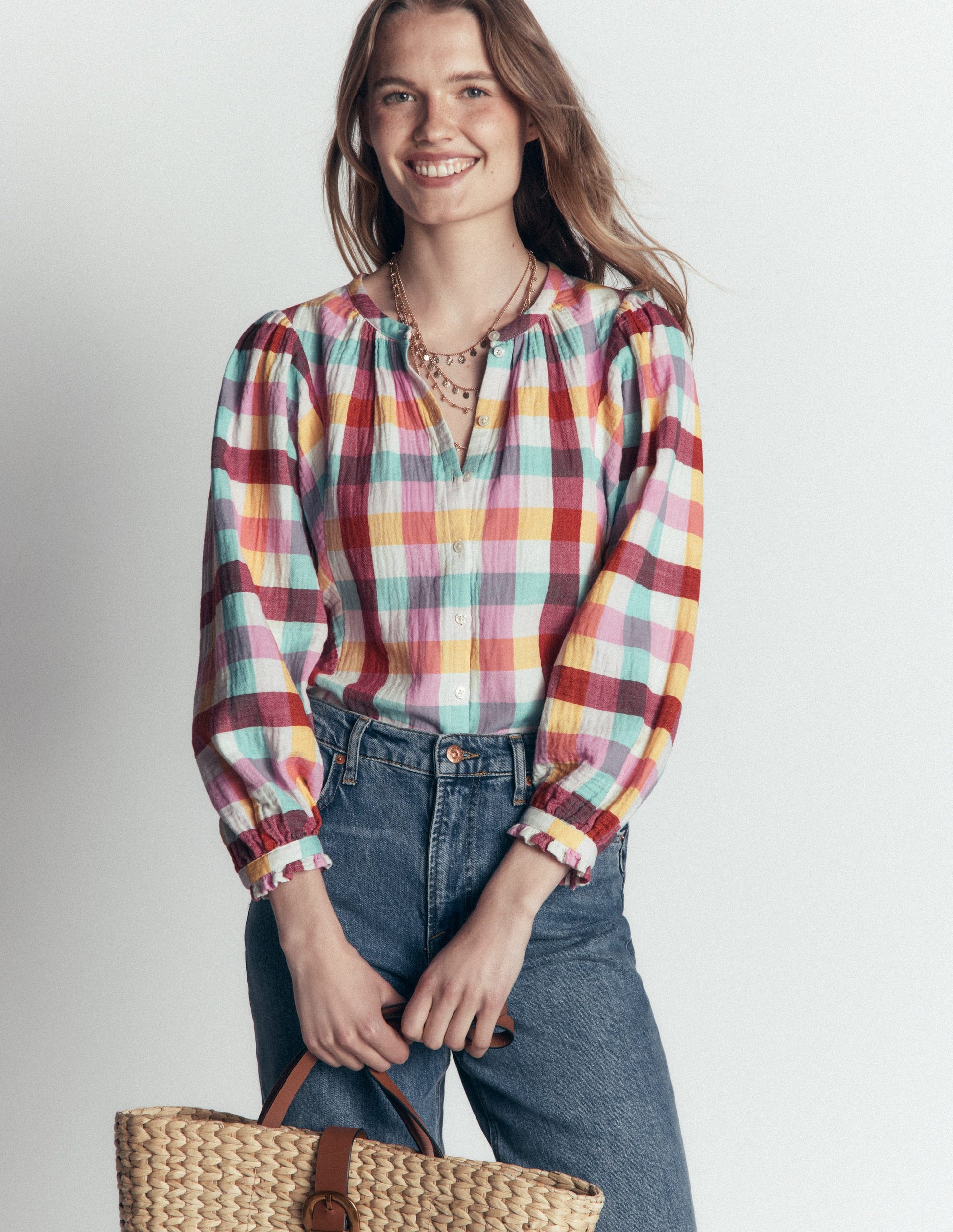 Camille Double Cloth Top-Ivory, Pink, Red Multi Gingham-4