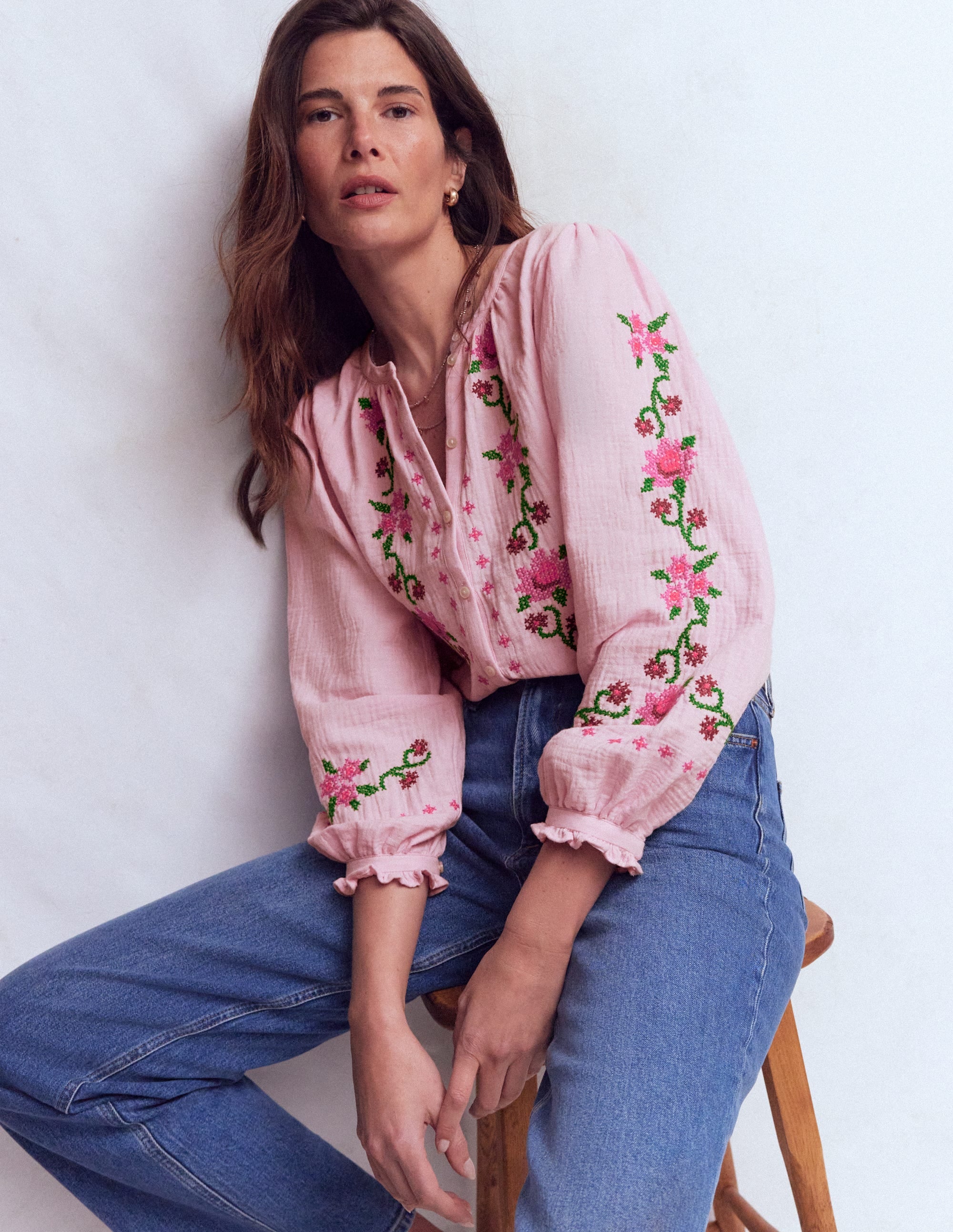 Camille Double Cloth Top - Spring Blossom Pink Embroidery | Boden USA