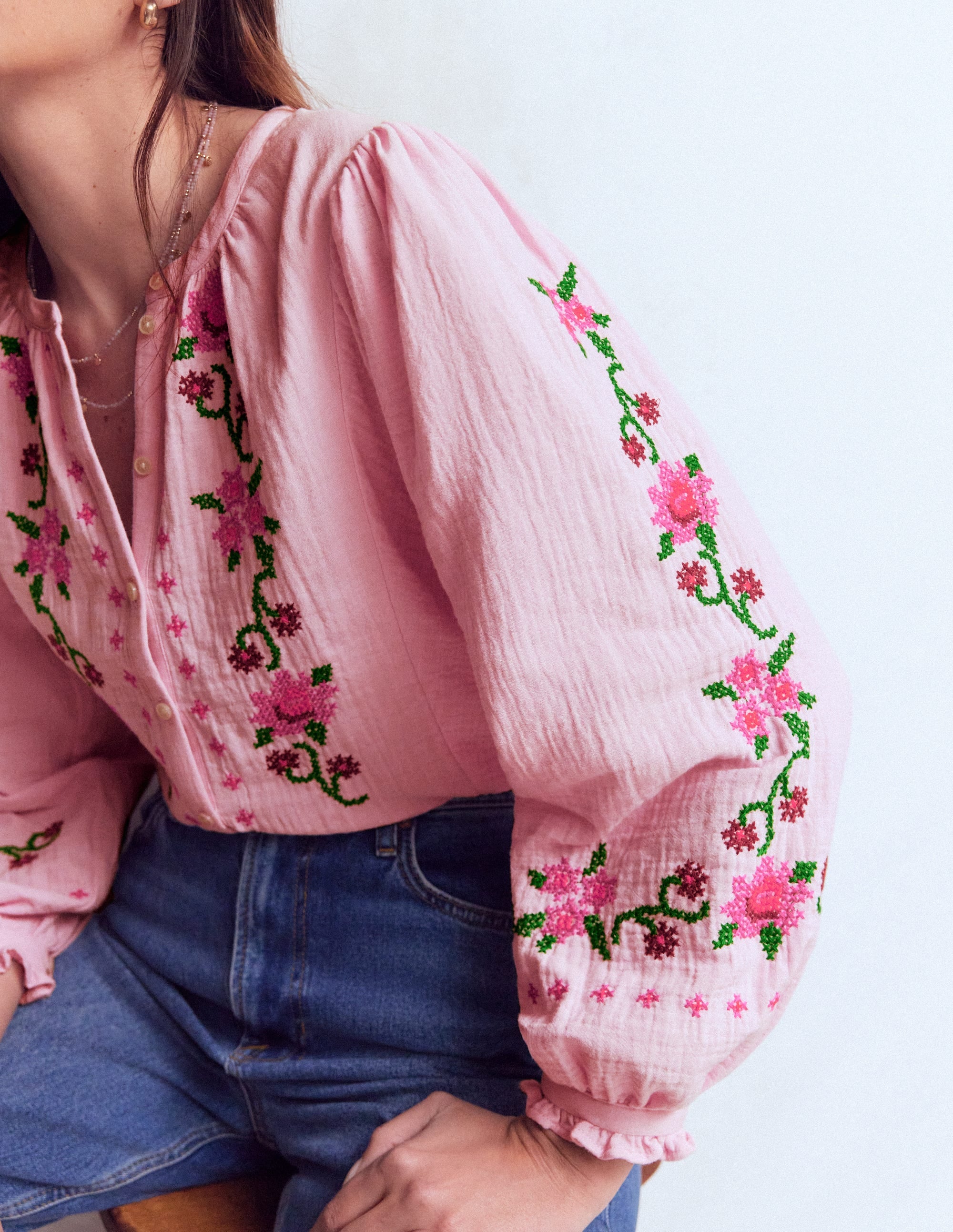 Camille Double Cloth Top - Spring Blossom Pink Embroidery | Boden USA