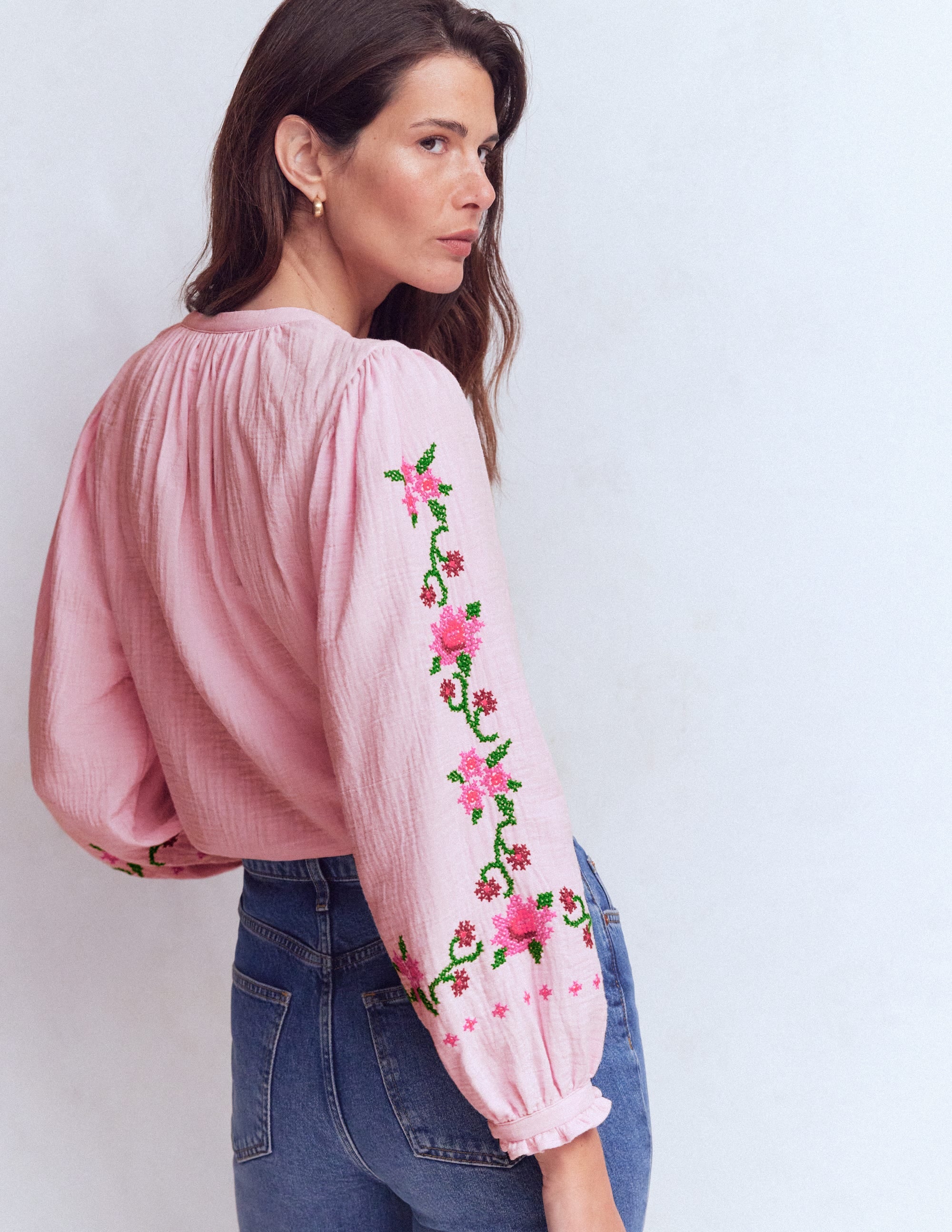 Camille Double Cloth Top - Spring Blossom Pink Embroidery | Boden USA