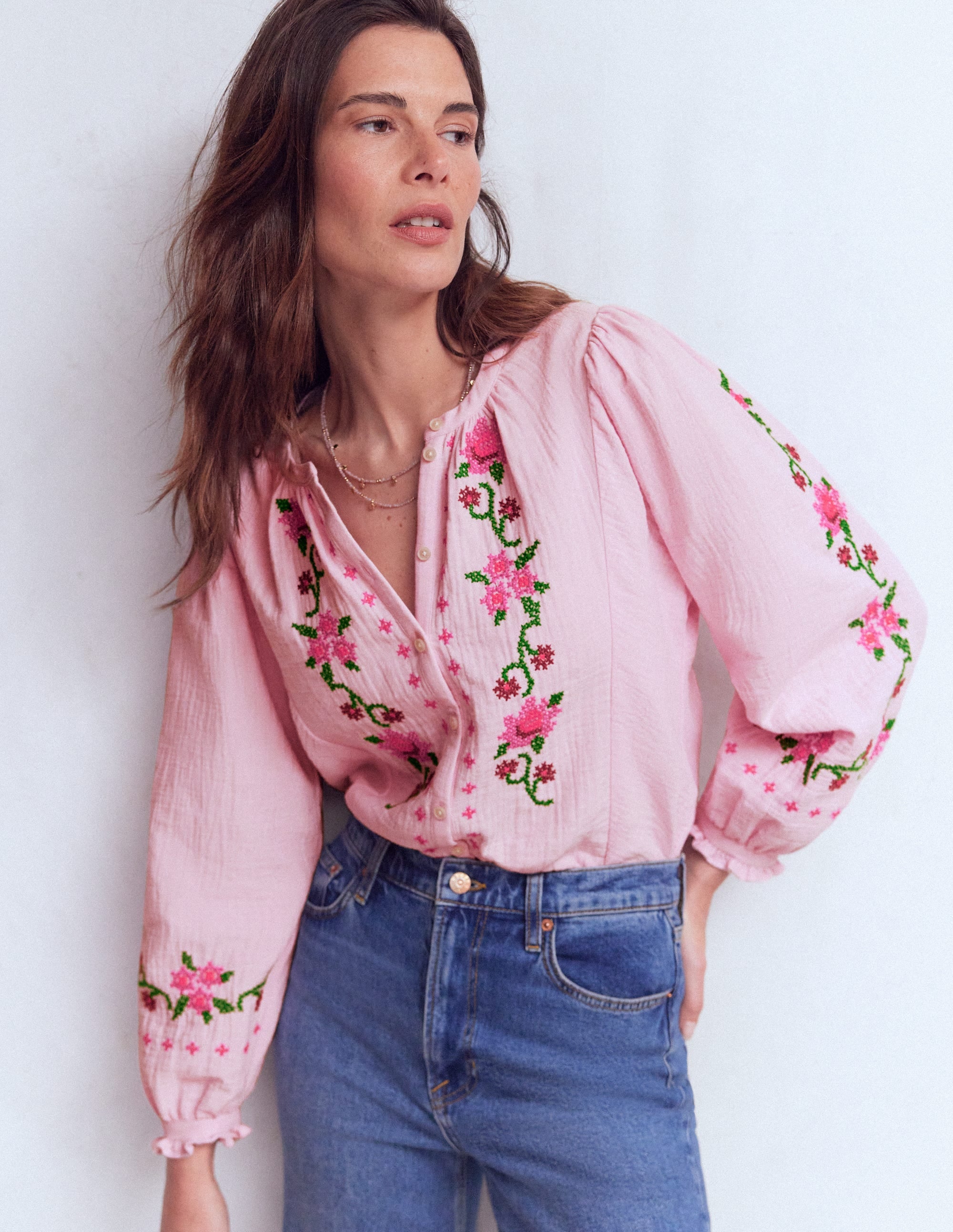 Camille Double Cloth Top-Spring Blossom Pink Embroidery | Boden USA